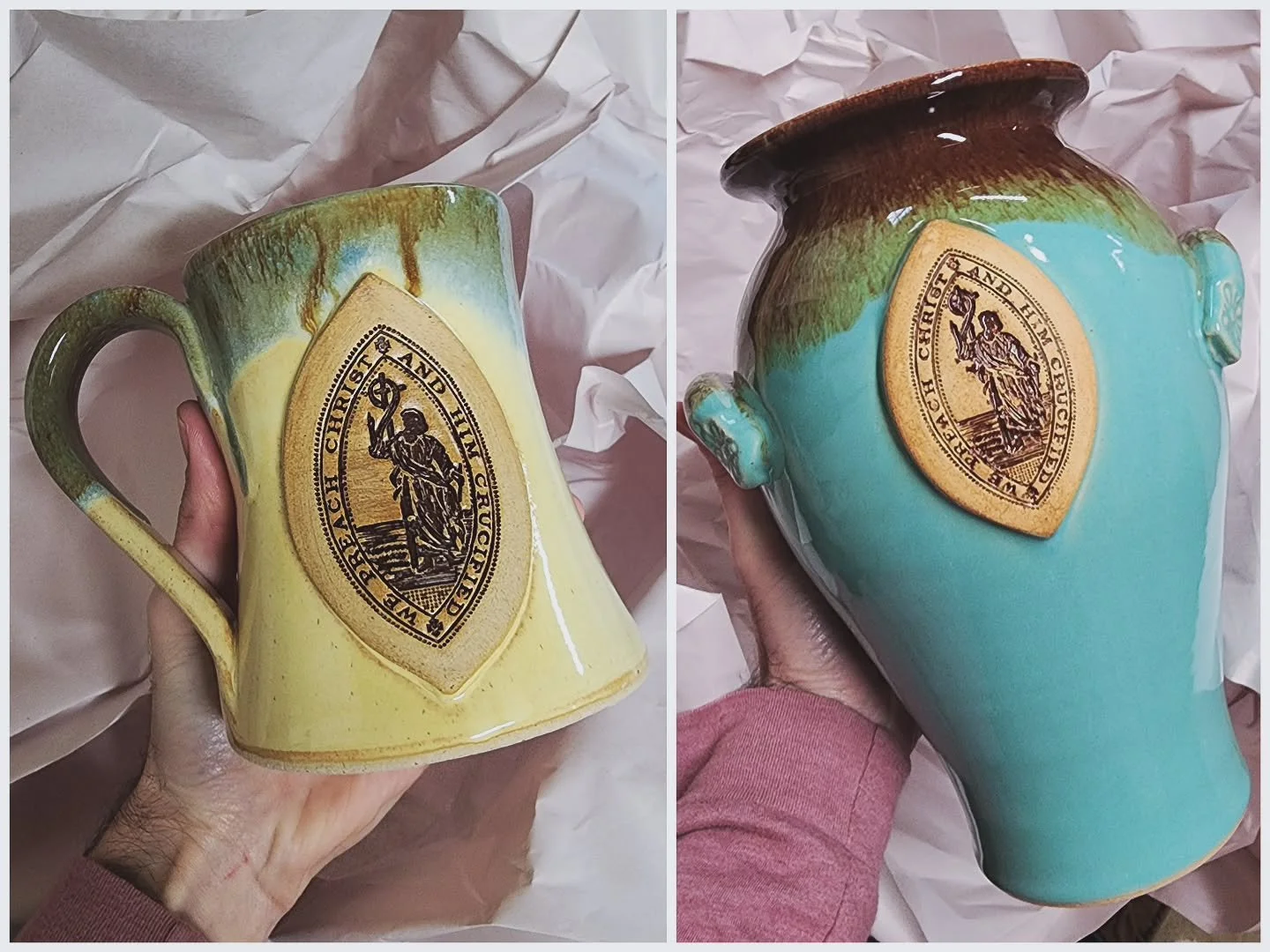 I never get tired of seeing our We Preach Christ pottery orders come through on their way to new homes!

Pictured is ⬅️ Butter Rum and Jade ➡️ colorways.

There is probably still a little time to get in any orders for Christmas, but if you want a 'gu