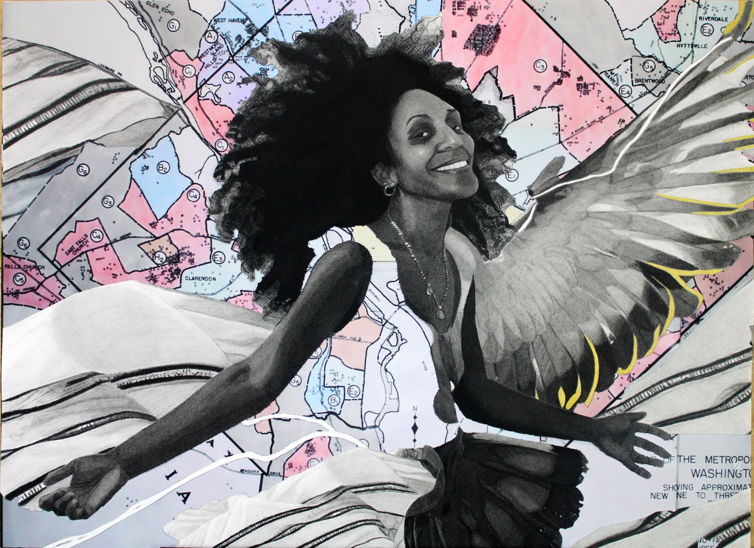 "FALLING UP" (Charcoal, graphite, and acrylic drawing on DC Federal Housing (redlining map) Authority map, 39 11/16" x 29") 