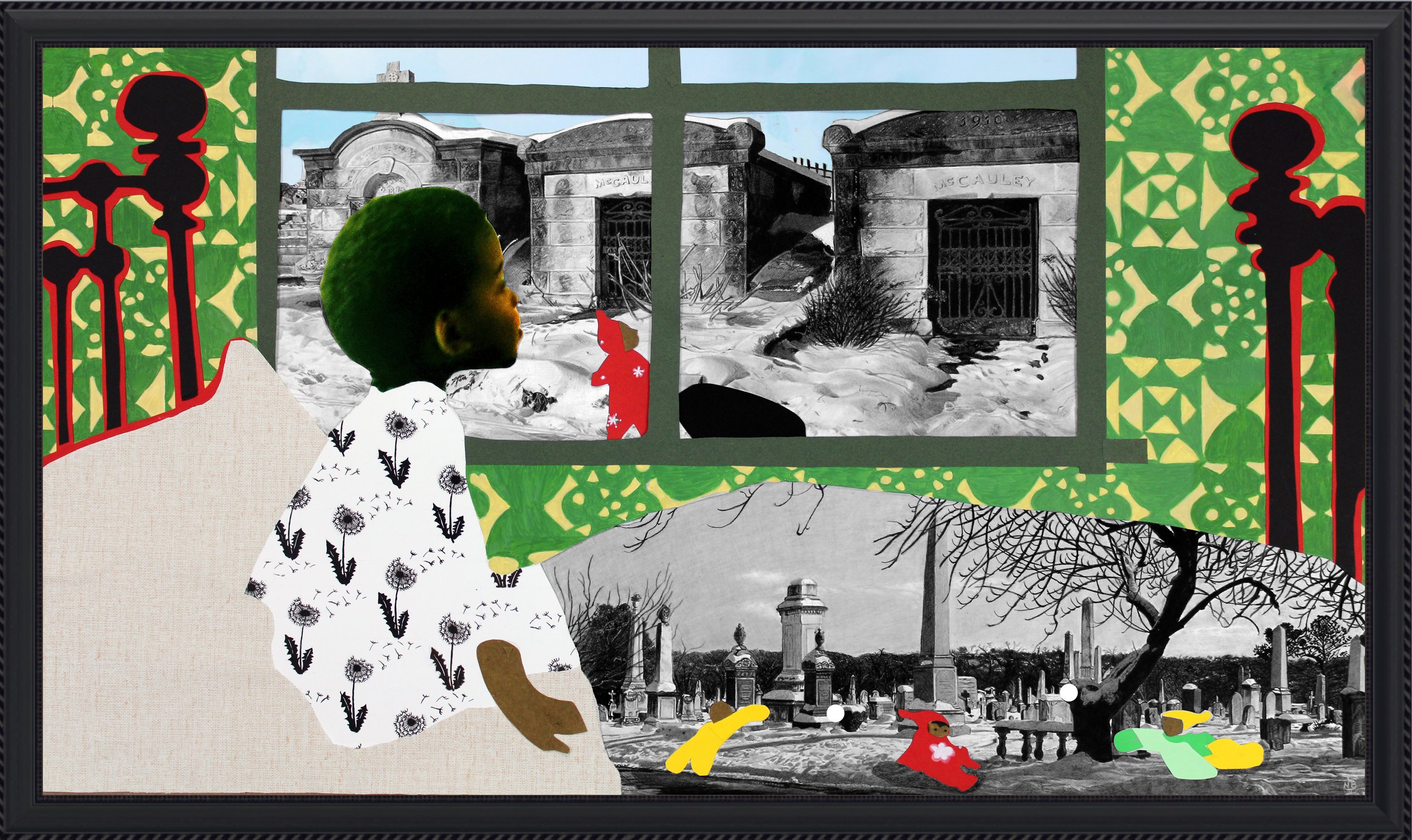 "A Snowy Day on 18th and Potomac SE..." (charcoal, graphite, ink, acrylic, textured wallpaper, card stock, photograph of artist's face as a child,  22 1/4" x 40") 