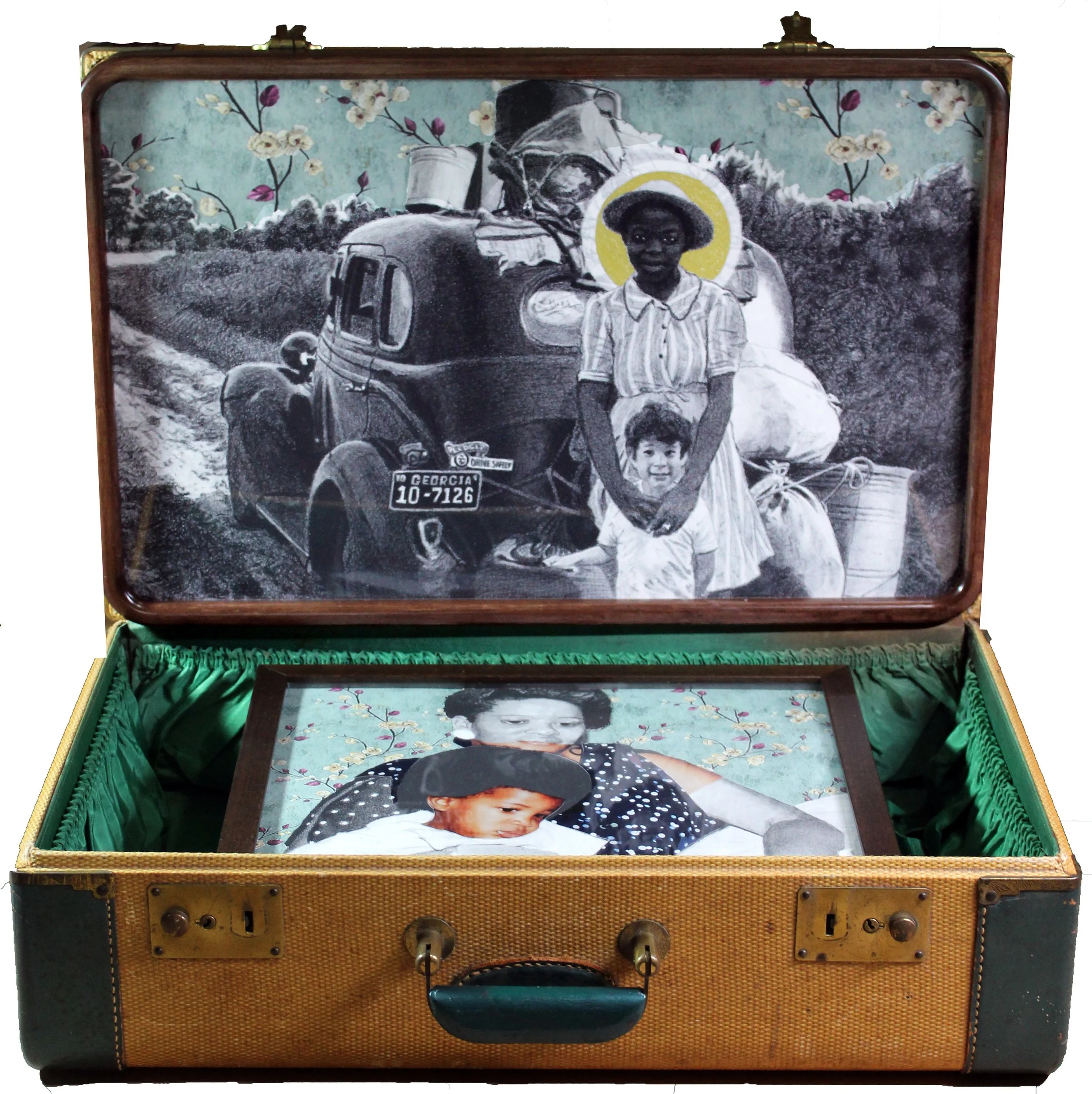 "LEAVING" (21"x13"x24" diptych in cased in a suitcase. Top Half: charcoal, graphite,
acrylic with floral wallpaper. Bottom half: charcoal, graphite, floral wallpaper, torn pieces of a family photo with portions drawn in)    Featured in the Washington