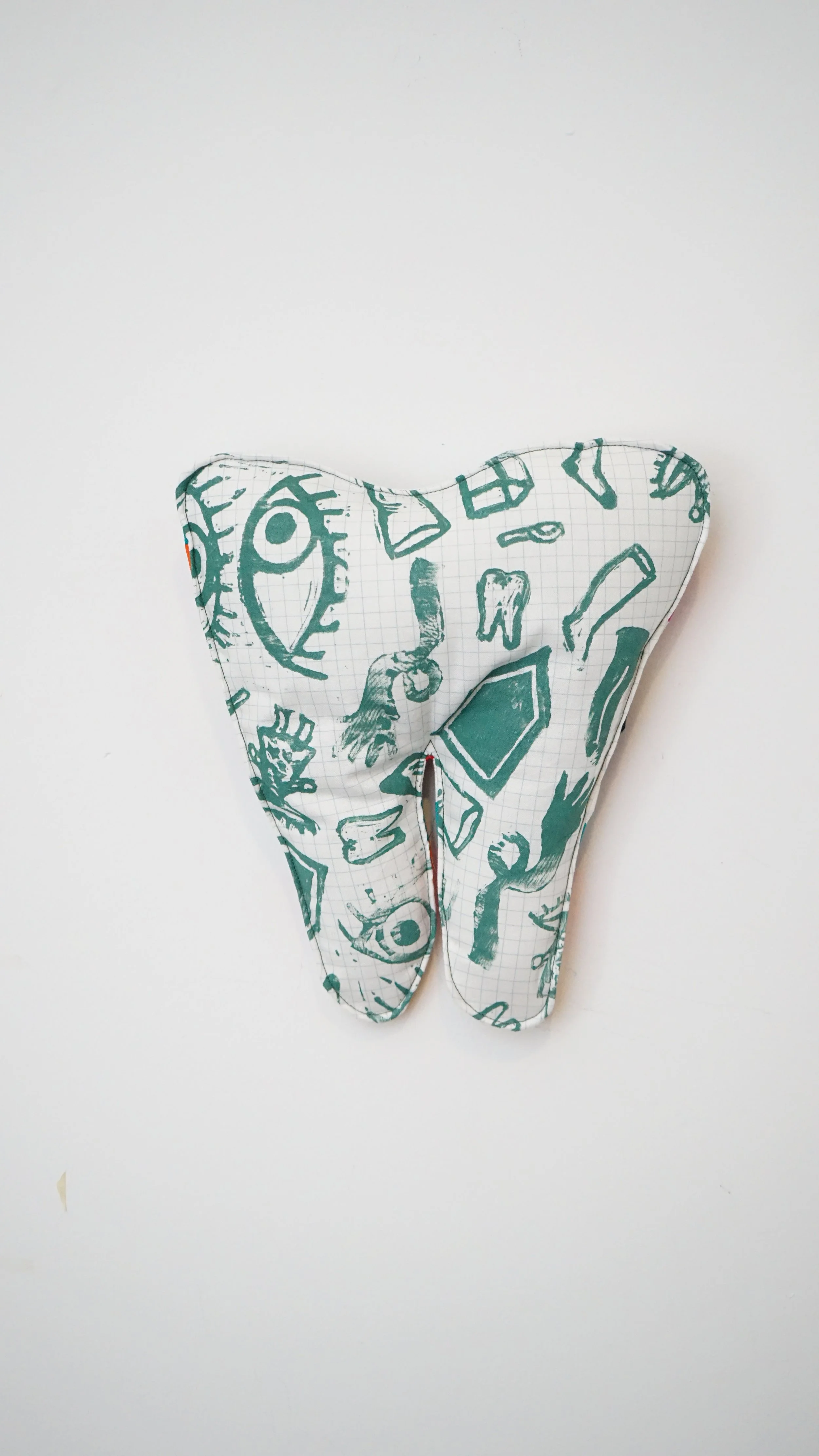 stuffed tooth, fabric, thread, hand printed fabric with hand carved stamps, poly-fil, 2025
