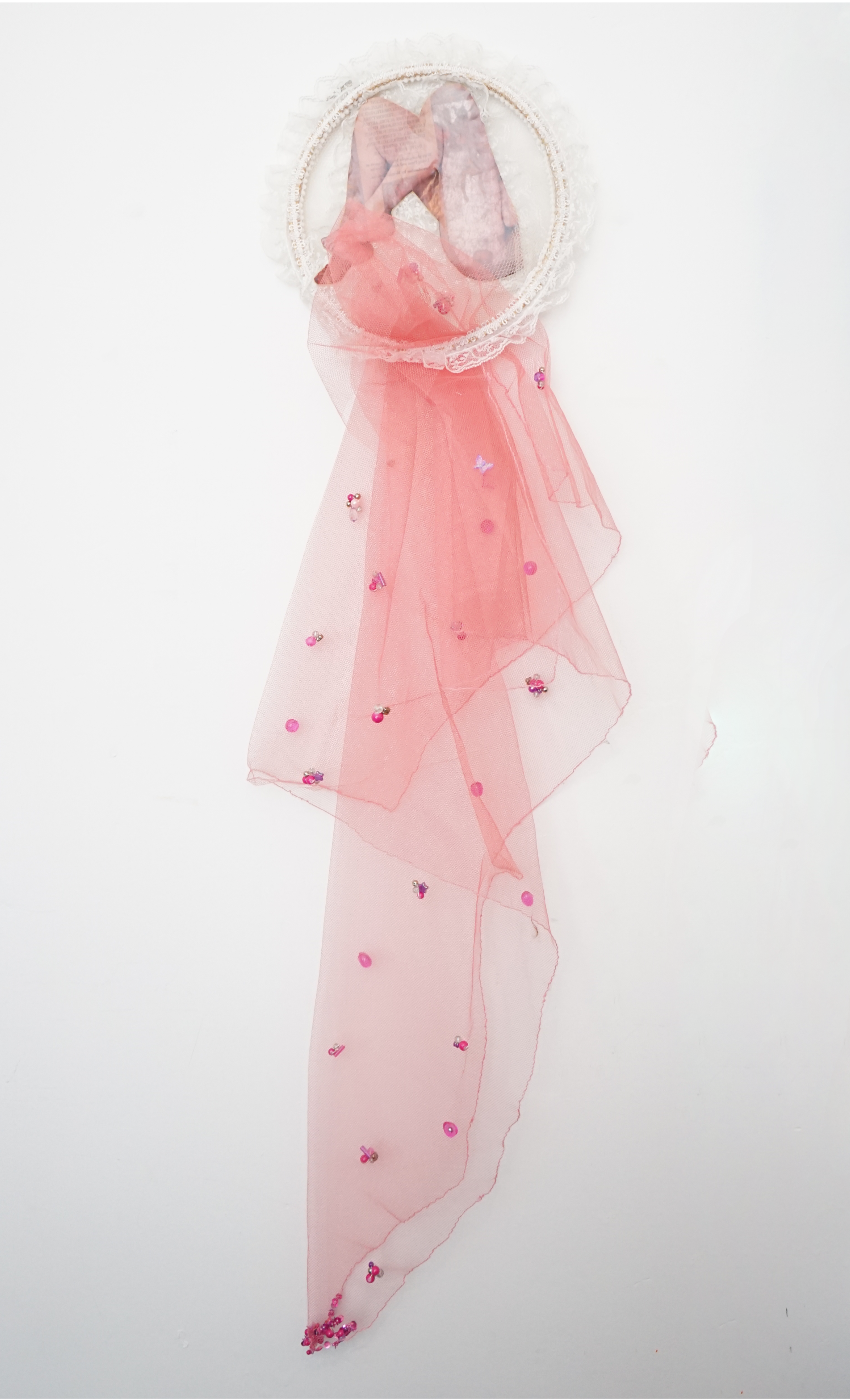interiors, tulle, magazine, lace trim, beading, felt, 46 x 10.5 in, 2018