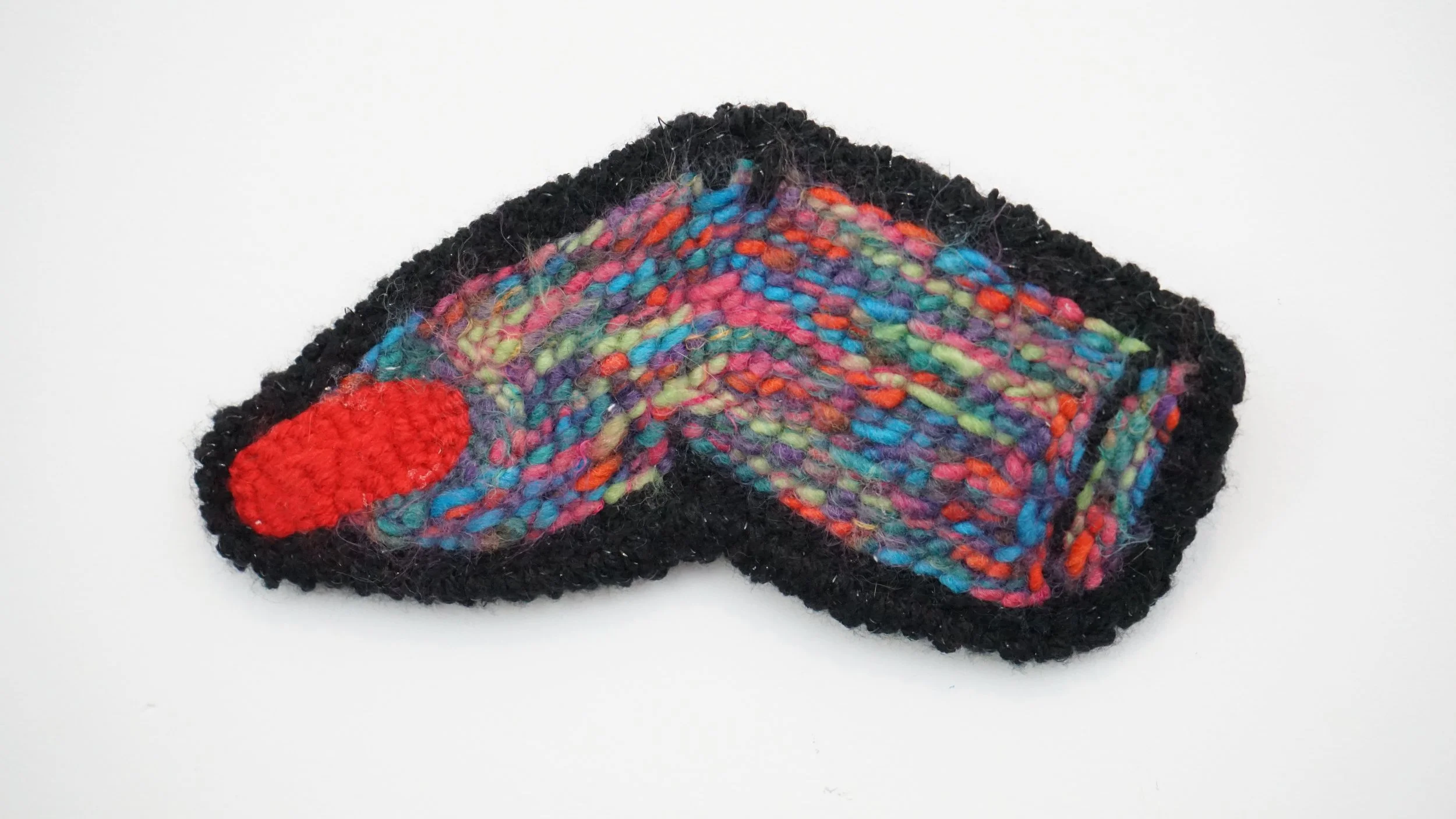 red nail polish, punch needle, yarn, embroidery thread, felt, crochet border, 2025
