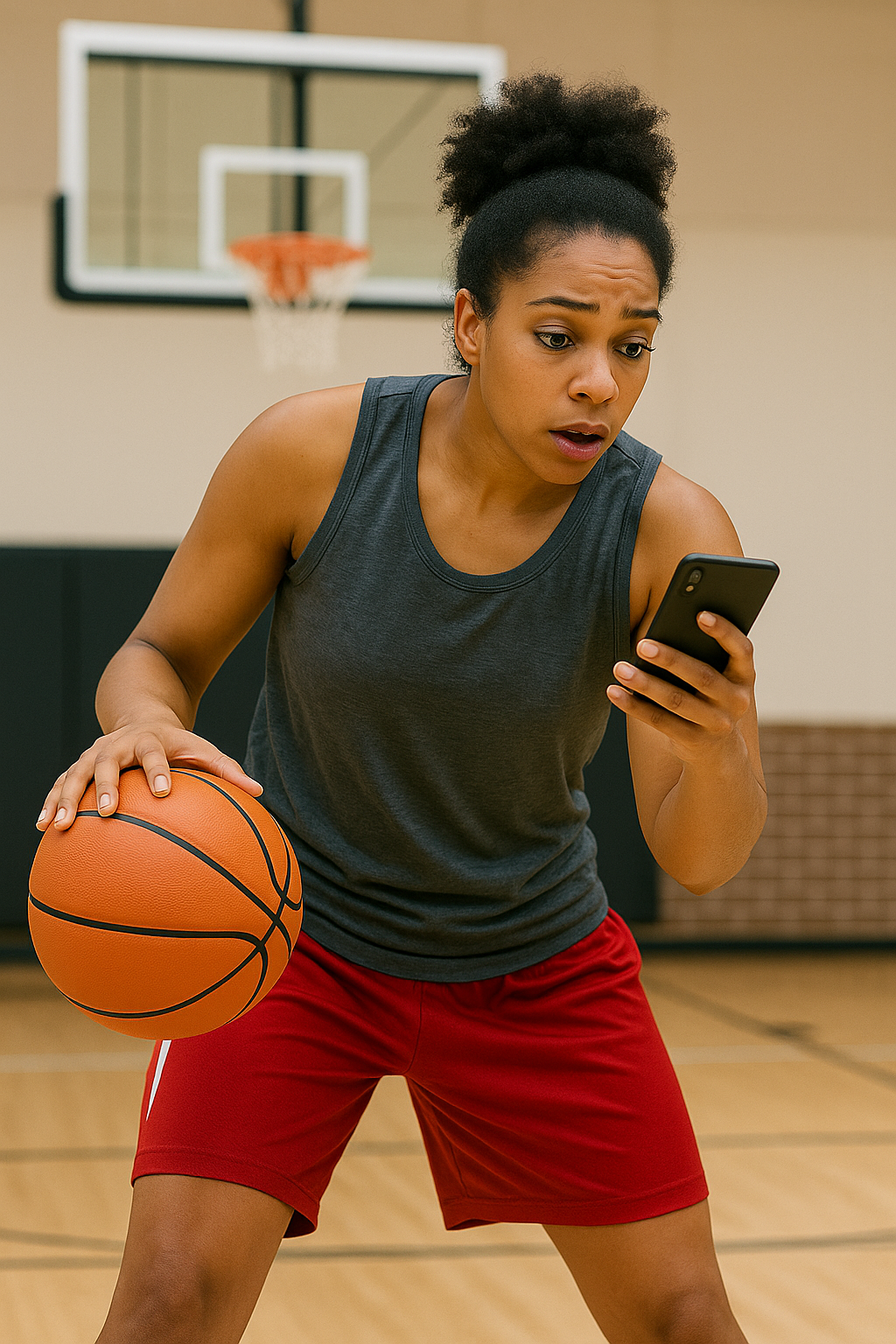 A woman dribbles a basketball on an indoor court while staring at her phone with a confused expression, as if trying to learn how to play in the middle of a game