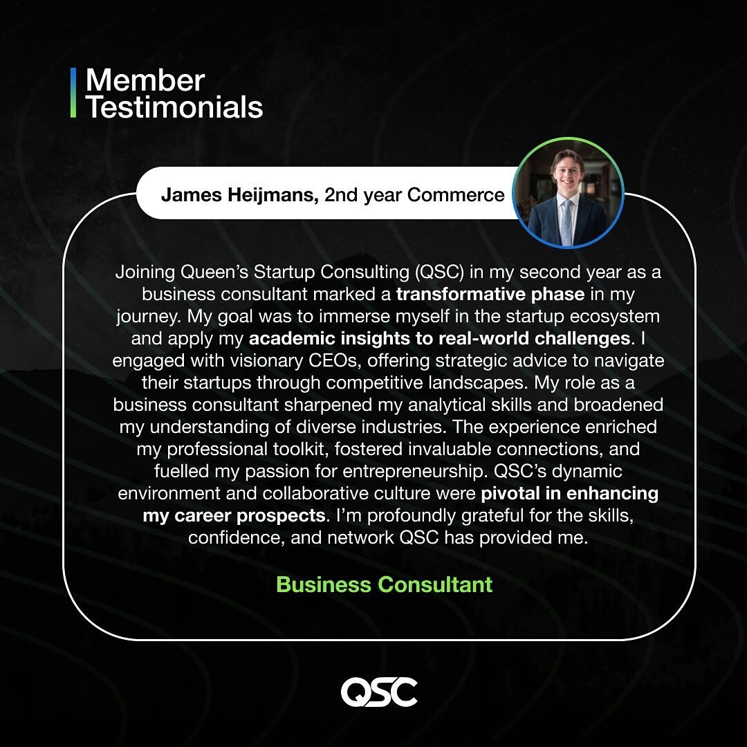 Check out Jamie&rsquo;s QSC story - enriched professional toolkit, fostered invaluable connections.

Want to learn more? Click the link in our bio and see what Queen&rsquo;s Startup Consulting is all about.