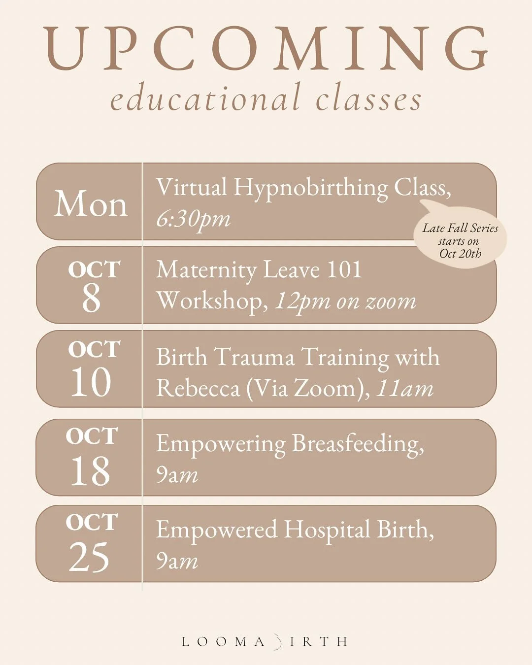 🍂October Schedule has been updated🧡

If you're due soon and preparing for birth/postpartum, now is the time to get on the calendar. This month includes:

🤍 Prenatal Yoga
🍼 Baby + Me Yoga
🏥 Empowered Hospital Birth class
🤱 Lactation Support 
💻 