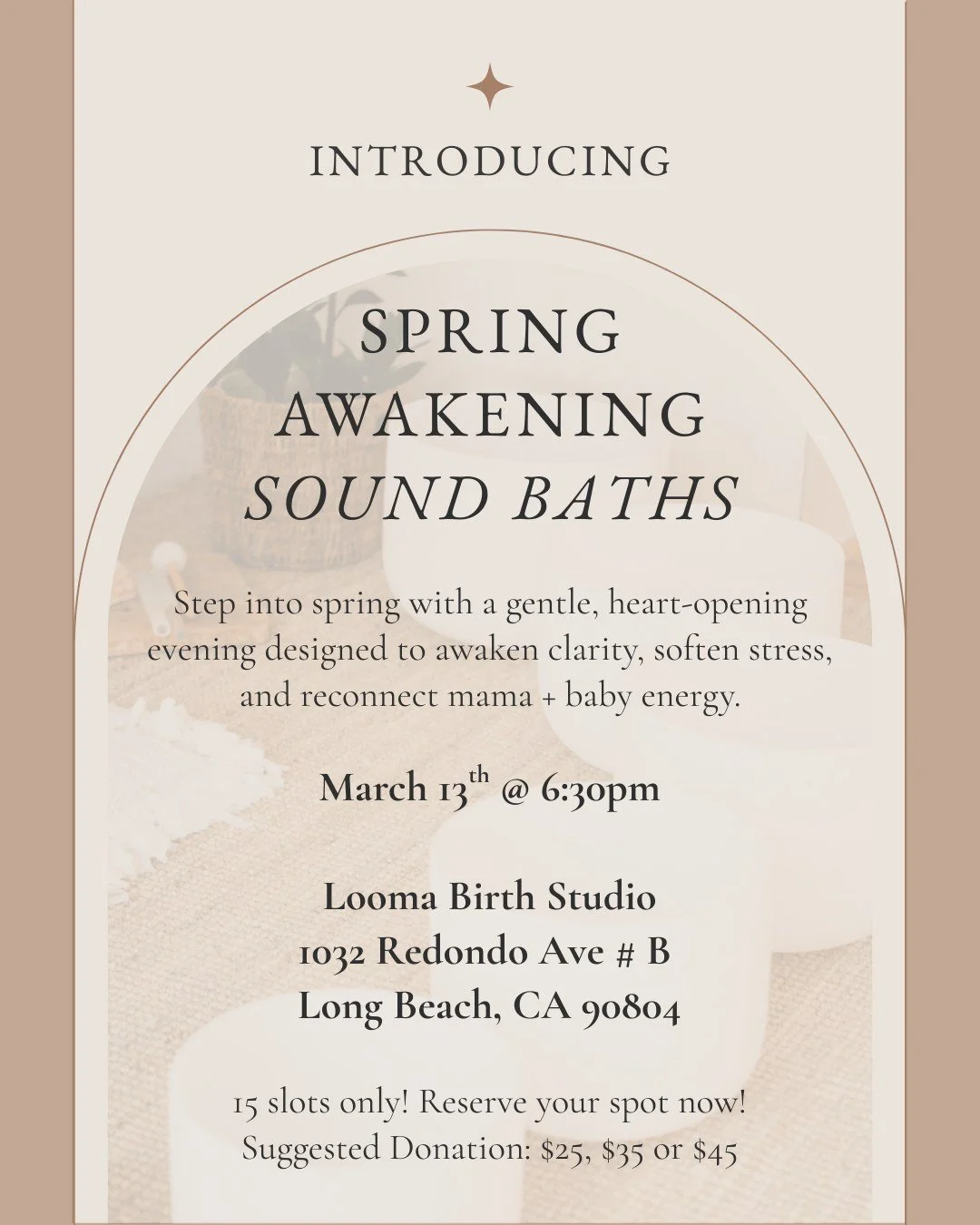 🌸 Spring Awakening Sound Bath 🌸

Step into spring with a gentle, heart-opening evening to awaken clarity, soften stress, and reconnect mama + baby energy. 🤍
Let sound, breath, and stillness guide you into deeper rest and renewal.

🗓 March 13 &bul