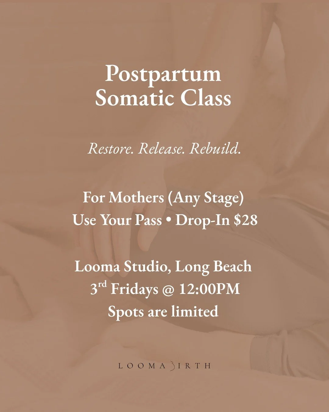 Postpartum isn&rsquo;t just weeks.
It&rsquo;s a season.

This restorative somatic class supports mothers weeks, months, or even years after birth.

We focus on:
✔ Containment without overwhelm
✔ Hormonal sensitivity
✔ Grounding touch
✔ Nervous system