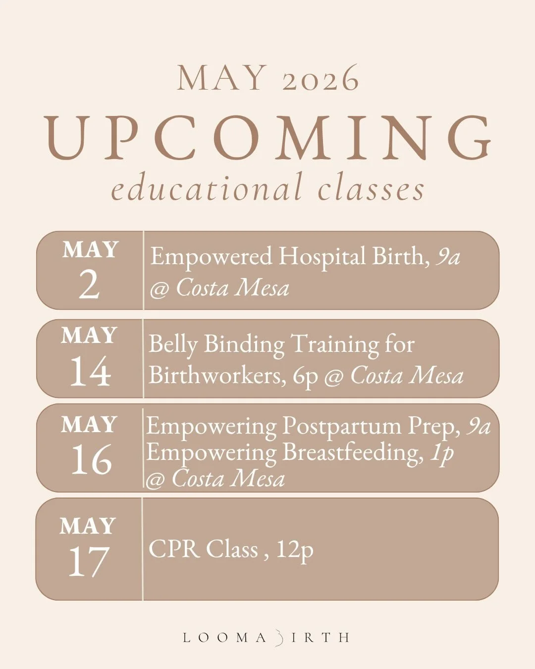 May at Looma + C+C MotherKin is feeling so good 🤍✨

We&rsquo;ve got movement, education, community, and support woven all through the month &mdash; from prenatal yoga and baby + me classes to our Empowered Hospital Birth intensive, breastfeeding + p
