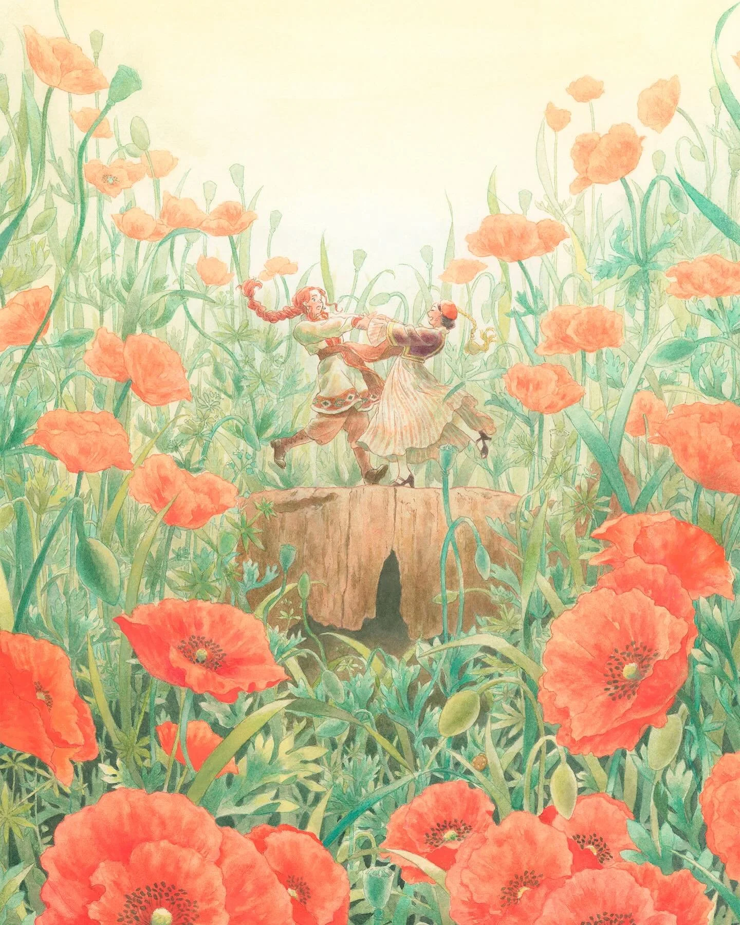 Painting / 舞踏会のはじまり
4月にOPA galleryさんで開催した個展『小さくも広大なる世界』のDMのために制作した一枚。
オリエンタルポピーの花畑を舞台に選びました。
赤髪の人物は、小さな世界を旅する主人公。手を取り踊る女性は、ギリシャをイメージして描いています。
自由に、楽しく、のびのびと、そんな思いを込めて描いた一枚です。