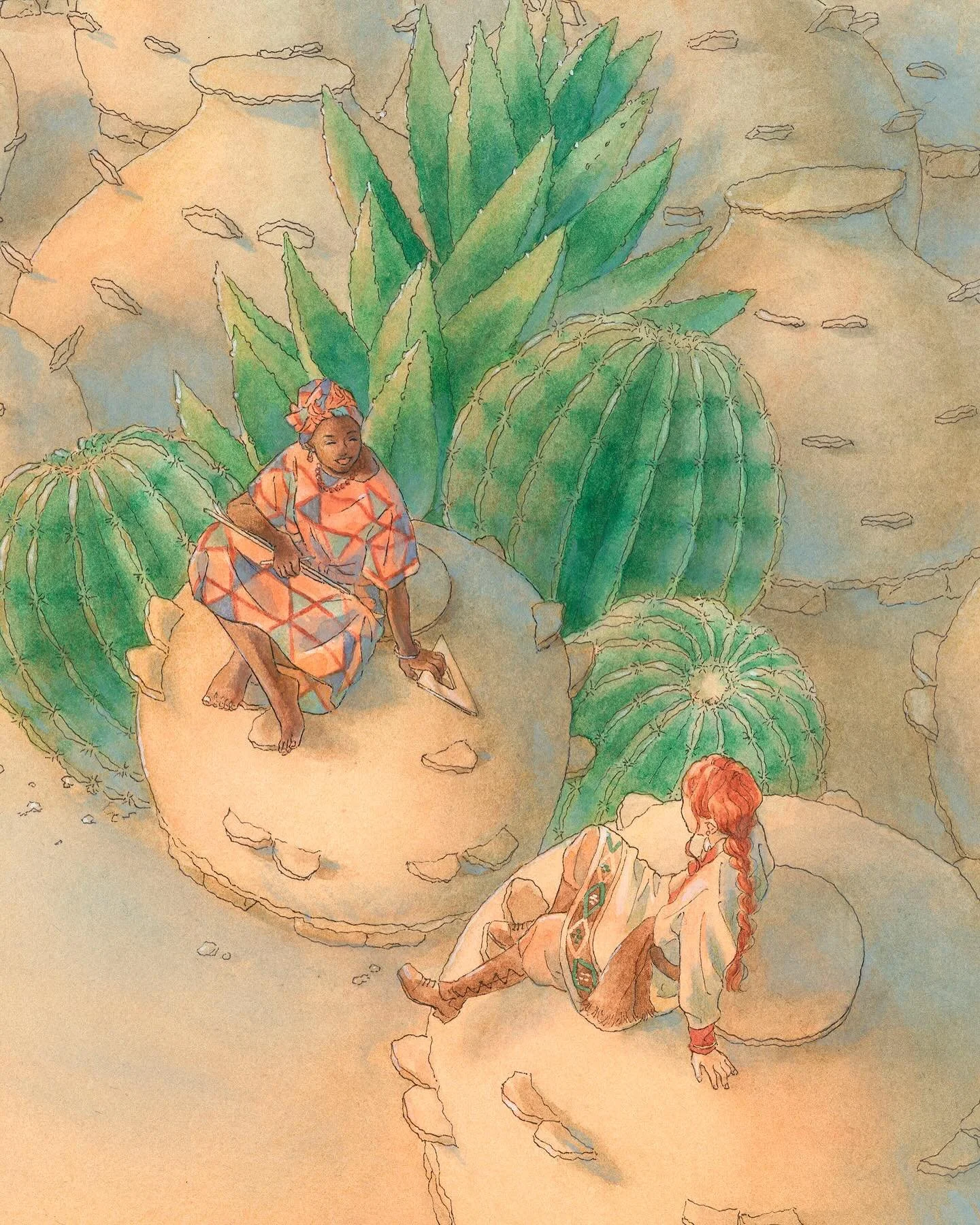 Painting / ある建築家の庭
人物や土地のイメージは、アフリカのマリ。後ろに並ぶ建造物は、穀物蔵だそうです。
このトゲトゲが突き出した不思議な形、何かに似ていると思いませんか?
絵のアイディアを練っている時、この穀物蔵の写真を見て、まるでサボテンみたい!と思い、これを描こう、と決めました。
ところがアフリカには、サボテンって自生していないんですね。南米の植物なんです。
でもやっぱり一緒に描きたい、ということで、
であらば「自国の建物に似ている植物を面白がった建築家が、自分の庭