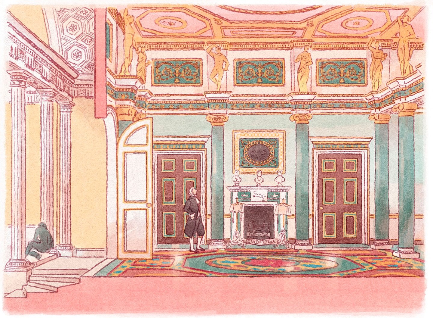 【お仕事】建築知識2025年10月号
イギリスの建物2点を描かせていただきました。こちらはロンドン郊外にあるサイアン・ハウス。高低差のある2つの間の断面図を描きました。あらゆる人型の彫刻に囲まれるお部屋です&hellip;&hellip;！

（中央部に立っているのは設計者のロバート・アダムで彫刻ではありません）