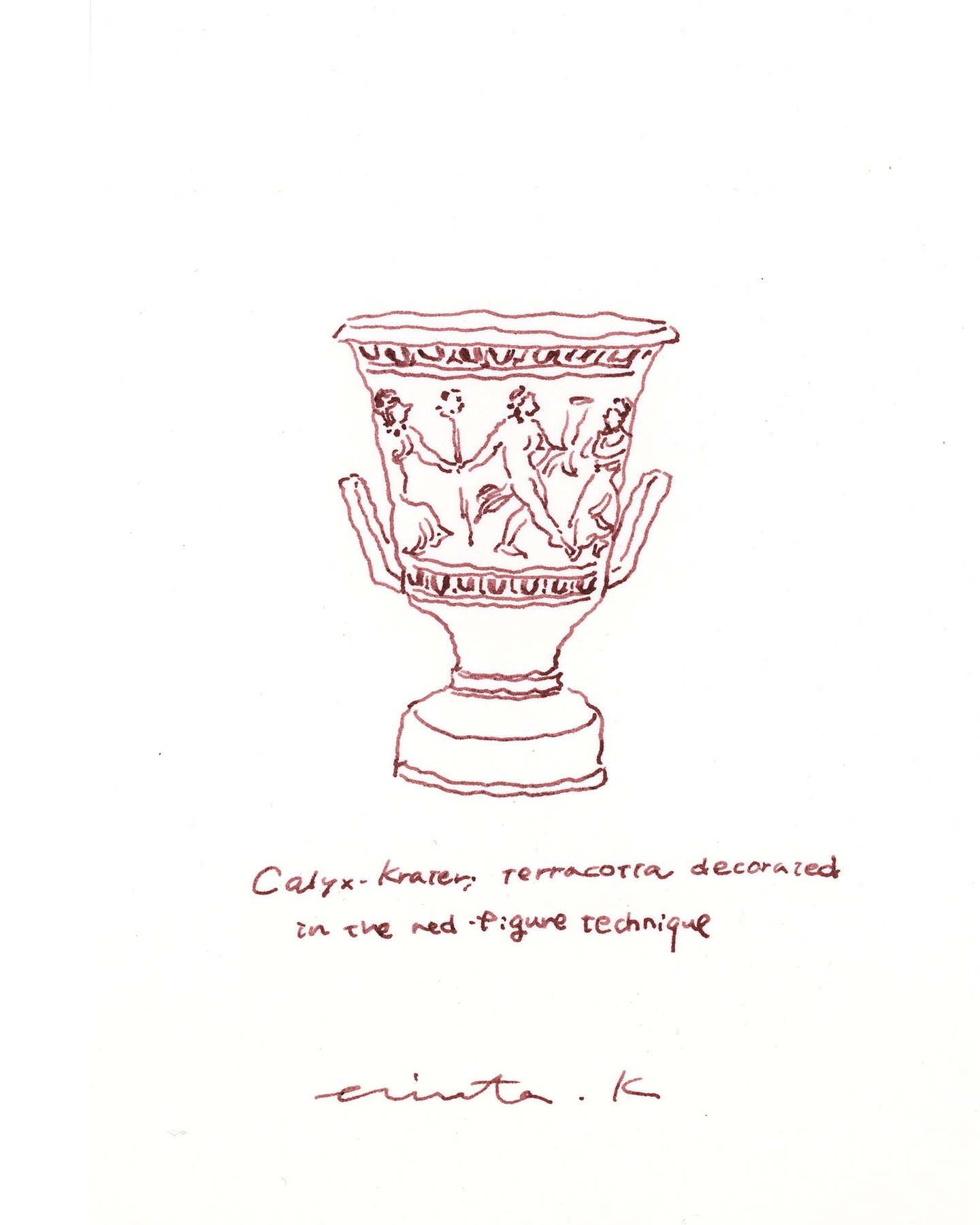 【Drawing】この夏、安野光雅さんの足跡を追うように訪れた大原美術館で見た古代ギリシアのクラテル。

ワインをイメージした深い赤色のインクは、
カキモリさんのink standカラーで描きました。
最近ずっと愛用しているカキモリさんのFrost万年筆、
一度使い始めるともう他に戻れない使いやすさがあります&hellip;&hellip;。