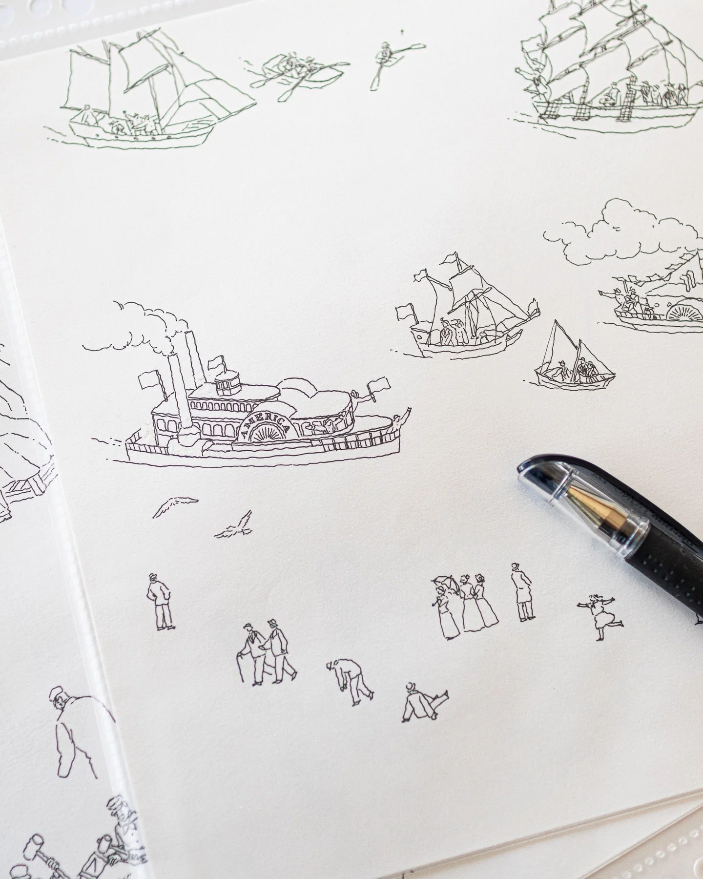 【絵本のこと④】1本のペンから生まれる
今回の絵本の線は、すべてアナログのペンで描いています。

デジタルで描いたラフを印刷したものに重ねながら、
下書きなしで、できるだけ、自由に、軽やかに。

絵本の絵を描いている間、遊びの要素を考える他は、
ペン入れの時間が一番楽しかったように思います。

さて、絵本のご紹介はひとまずここまでです。
いつか本のページの間で、ここに描かれた人々を見つけていただけたら嬉しいです。

:::::

Picture Book Highlights ④ &mdash;