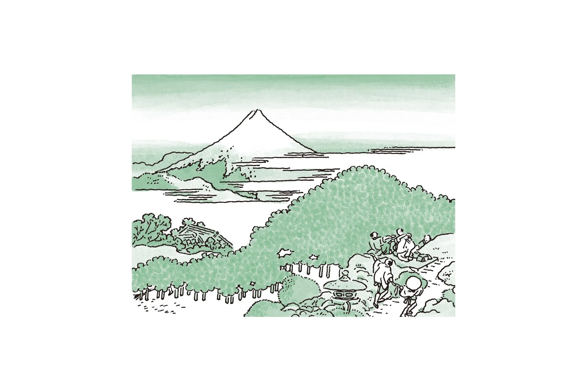 葛飾北斎の「富嶽三十六景 青山円座松」をイラスト化した絵です。奥に富士山があり雲がかかっていて、手前には山道を歩く人々が描かれています。 これらのイラストレーションはイラストレーターの久米火詩が、岡本哲志さんの『東京ぶらり謎解きさんぽ』のために描いたものです。