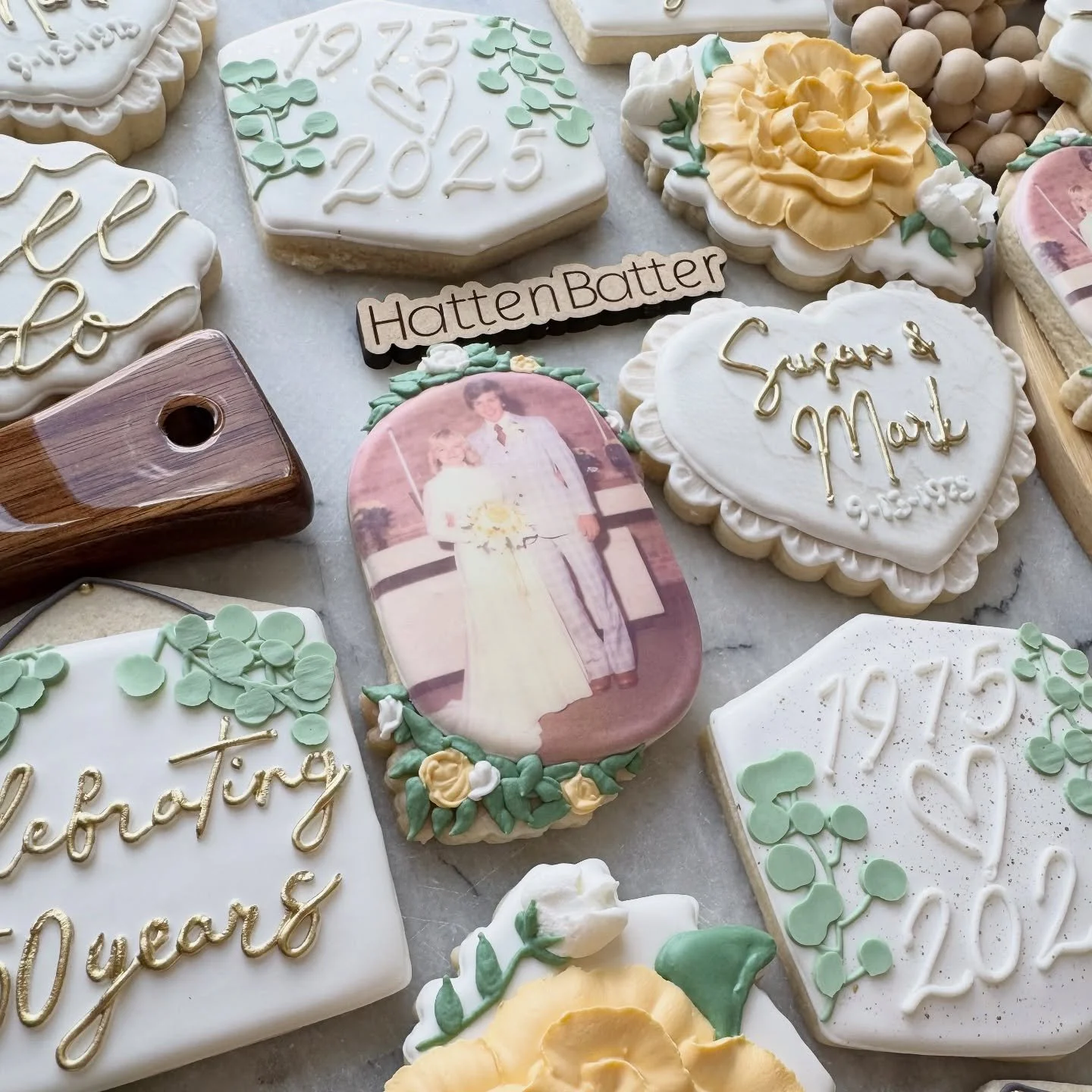 50 years ago she carried yellow and white roses - 50 years later they were celebrated with lots of gold, eucalyptus, and more white and yellow roses. 
A life together cannot be easily summarized but should definitely be celebrated. 

Huge thanks to t