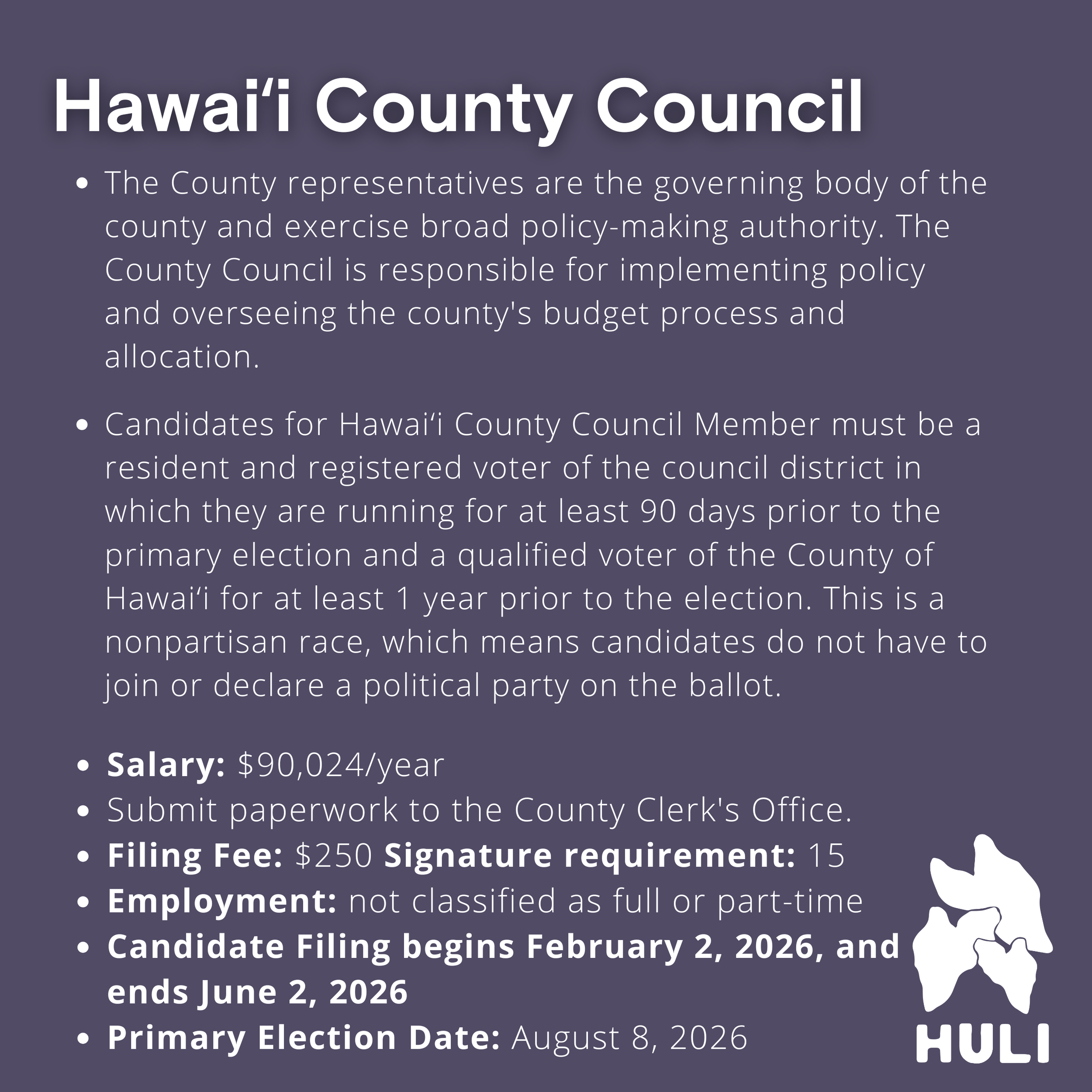 Informational poster about Hawaii County Council candidate requirements, salary, filing fees, and election dates, with a small outline map of Hawaii in the bottom right corner.