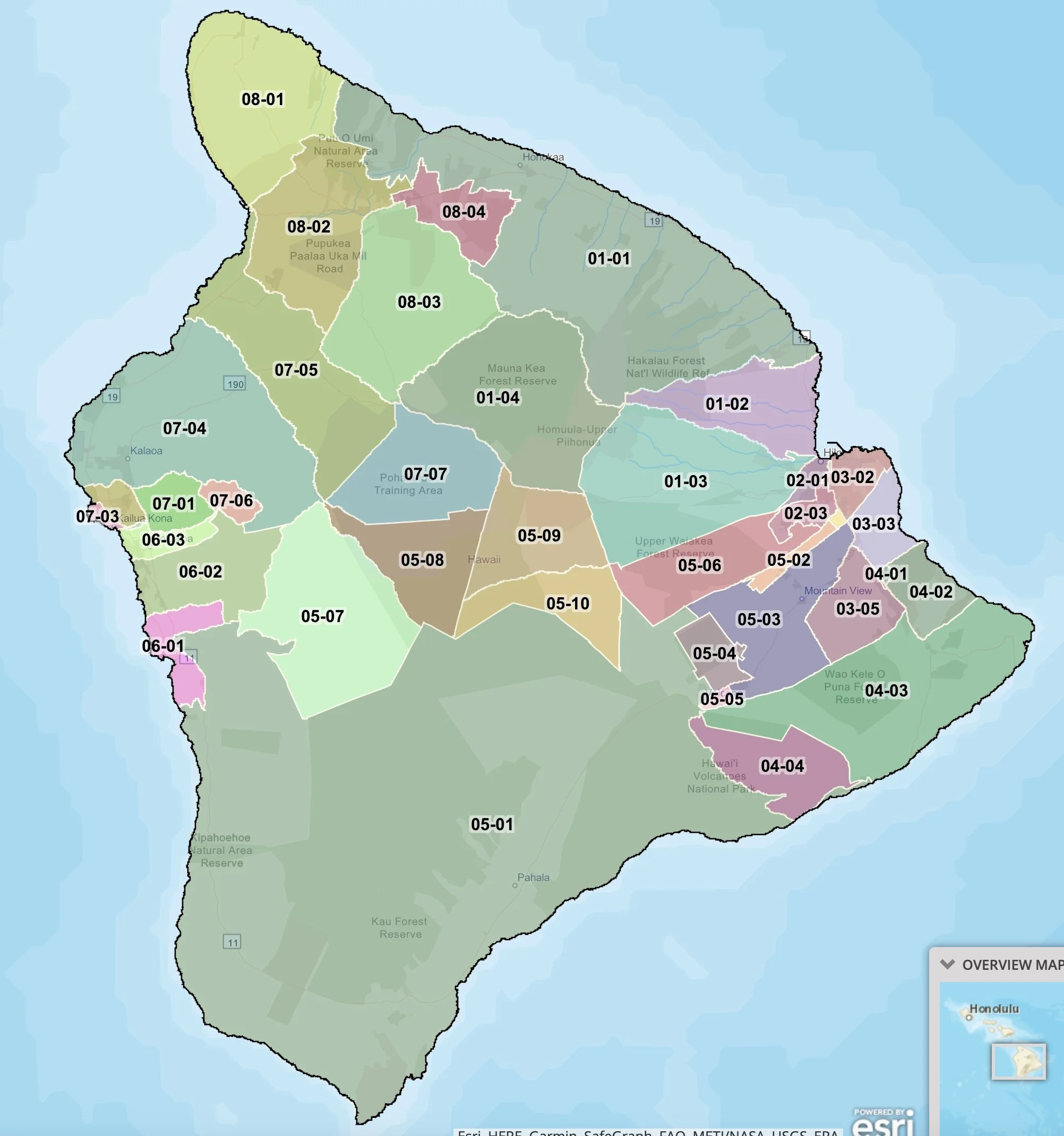 Map of Hawaii with labeled regions and areas in different colors, showing geographic divisions of the islands.