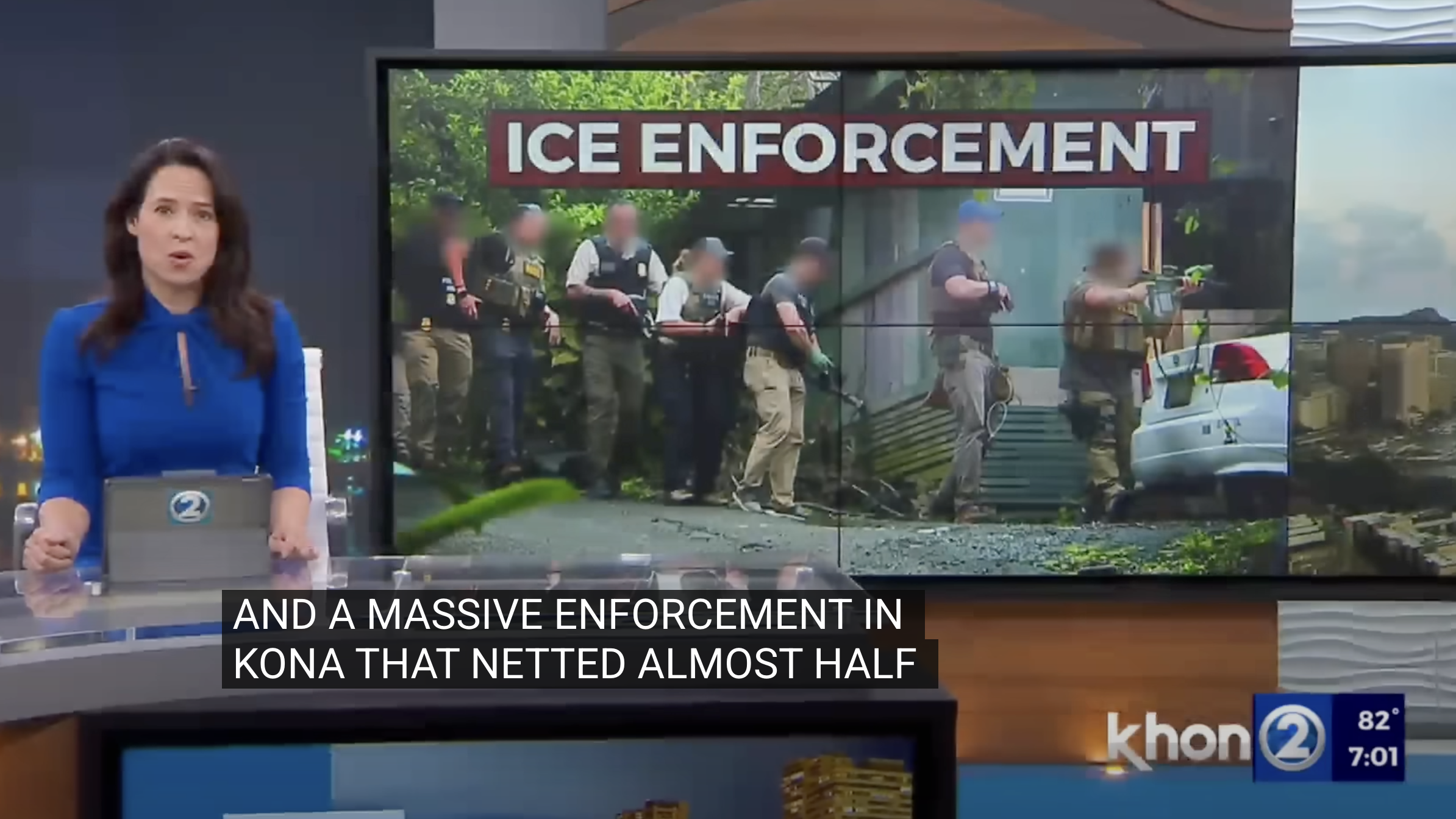 News anchor reporting on ice enforcement with a large screen behind showing police officers in tactical gear at a scene, and a chyron displaying 'ICE ENFORCEMENT'.