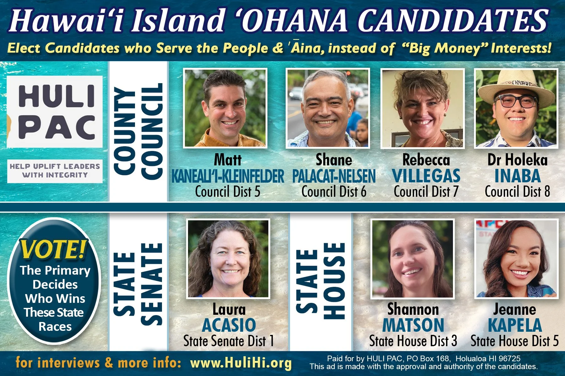 Hawaii Island political campaign ad showing four candidates for County Council from Districts 5 to 8, with portraits and names: Matt Kanealii-Kleinfelder, Shane Palacat-Nelsen, Rebecca Villegas, Dr. Holeka Inaba; and three candidates for State Senate and House: Laura Acasio, Shannon Matson, Jeanne Kapela, with respective district labels.