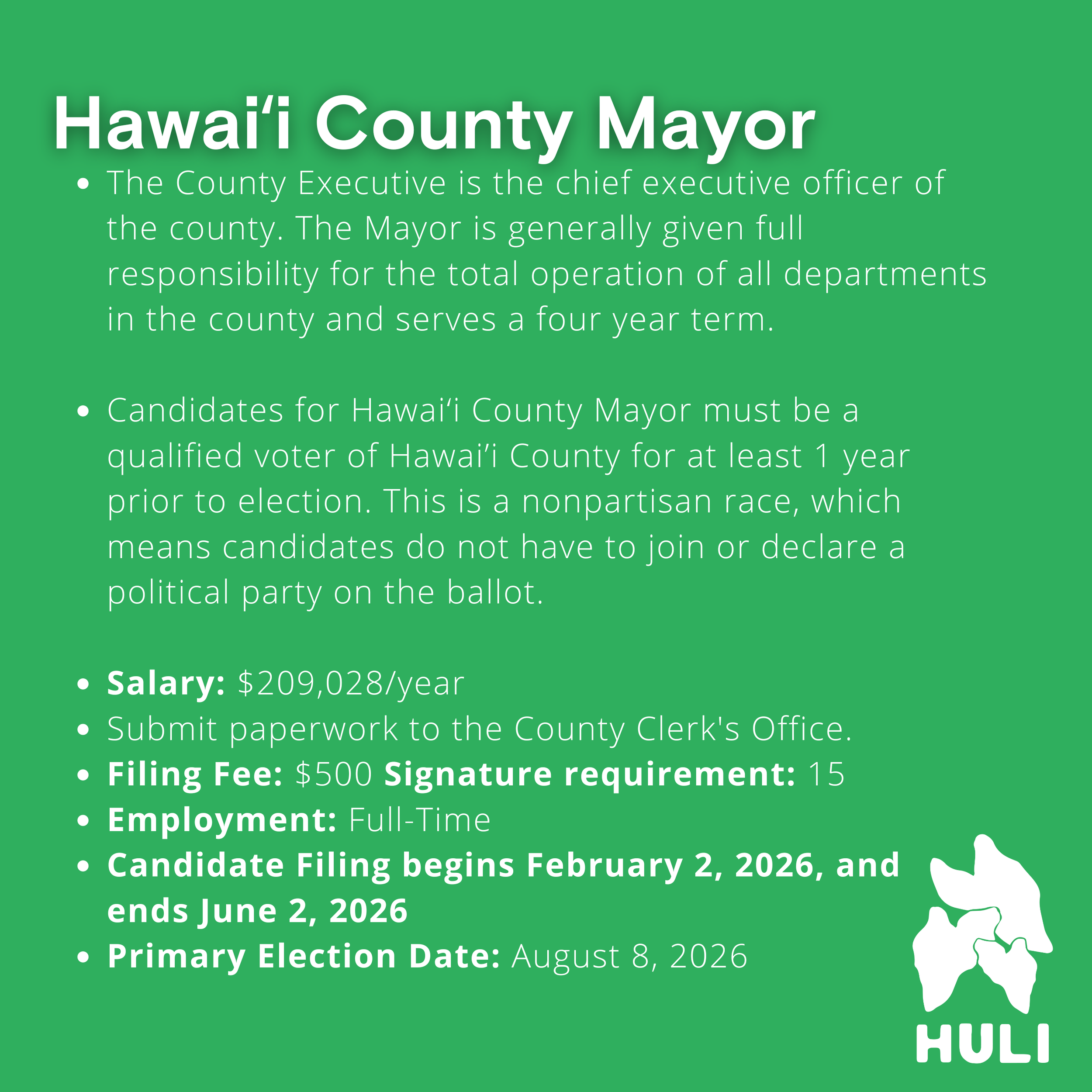 Infographic with green background about Hawaii County Mayor. Contains information on responsibilities, qualifications, salary, filing requirements, employment type, filing dates, and election date. Features the Hawaii map logo at the bottom right cor