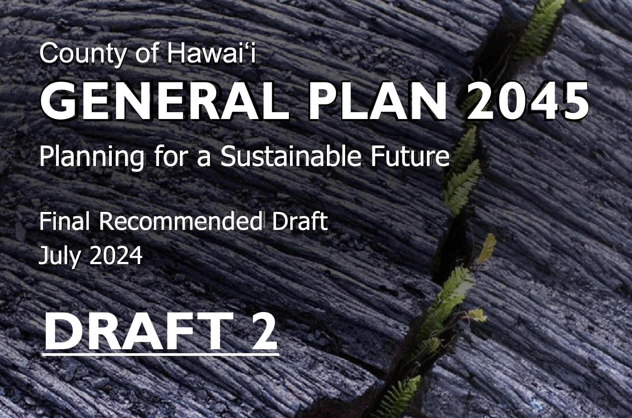 Cover page of a document titled 'County of Hawaii General Plan 2045: Planning for a Sustainable Future, Final Recommended Draft, July 2024, Draft 2.' The background features a close-up image of dark, weathered wood with green fern leaves growing through a crack.