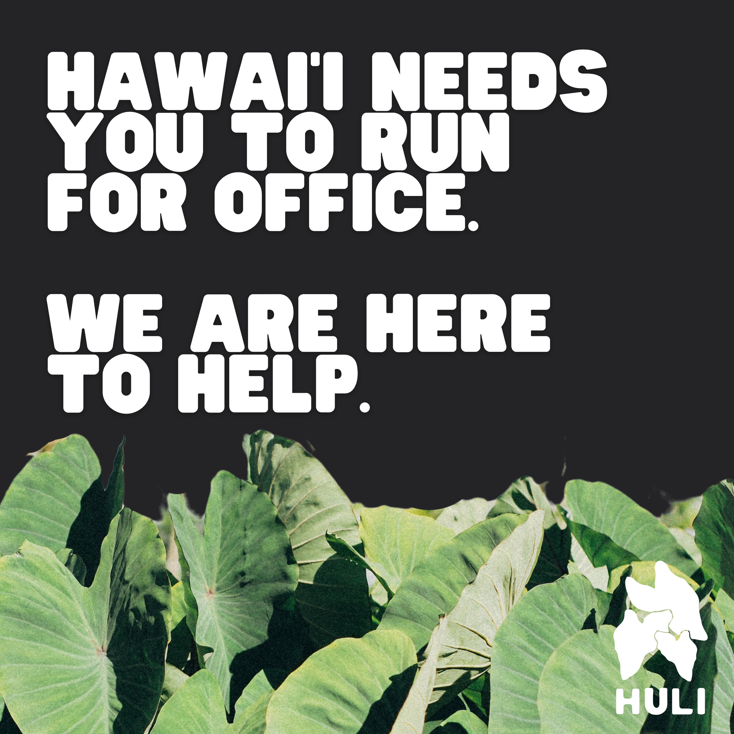 A motivational sign with large white text on a black background reads, 'Hawaii needs you to run for office. We are here to help.' Below, green tropical leaves surround a white elephant logo with the word 'Huli'.