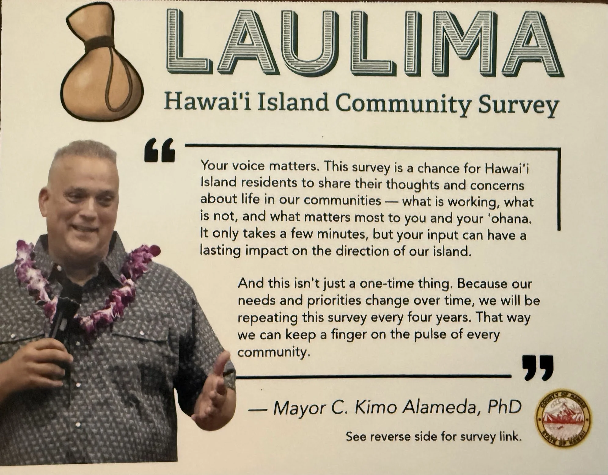 A man wearing a lei, holding a microphone, and gesturing with his hand, standing next to a sign about a Hawaii Island community survey.