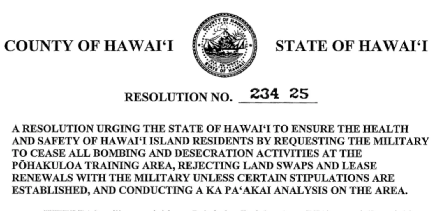 Official resolution document with the seal of the County of Hawaii, State of Hawaii, urging the state to cease military activities on Hawaiian island residents for safety reasons.