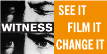 A poster with black and white photos of eyes and the text "Witness" and an orange section with "See it, Film it, Change it".