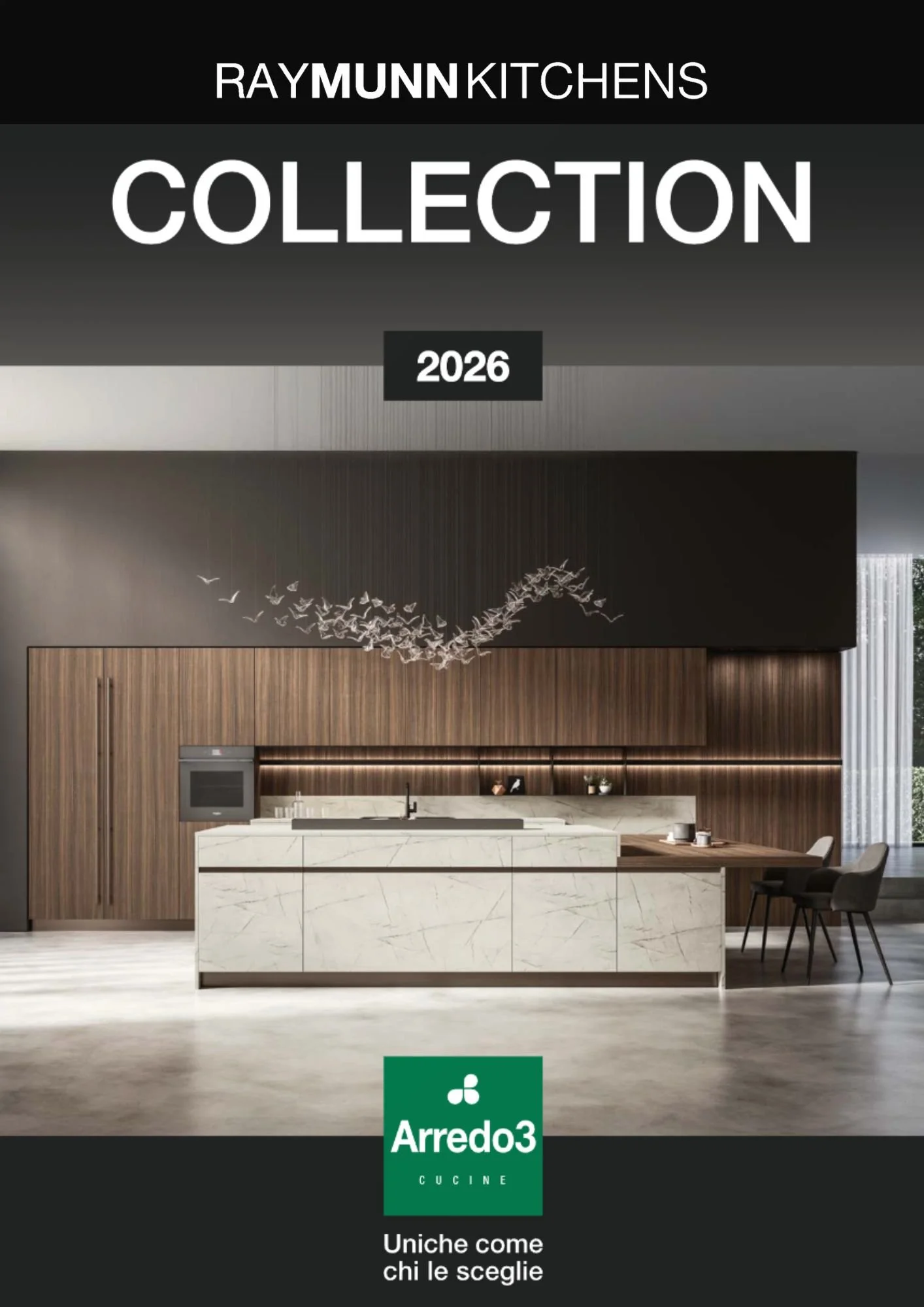 Modern kitchen design featuring gray cabinets and island, with built-in oven and decorative open shelves, branded "Arredo3" and "RayMunn Kitchens."