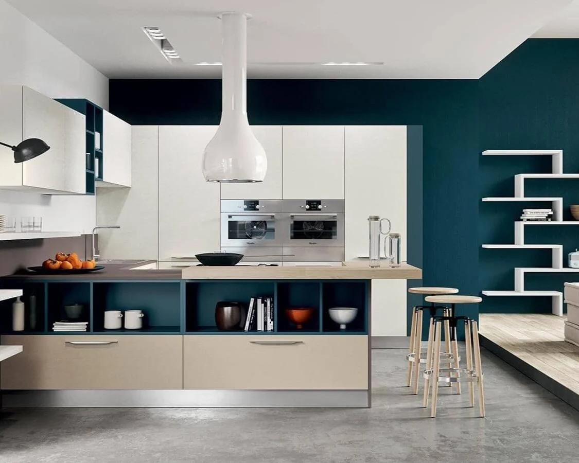 Matt White and Green Accent Open Plan Kitchen