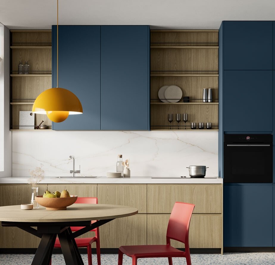blue and wood handleless kitchen