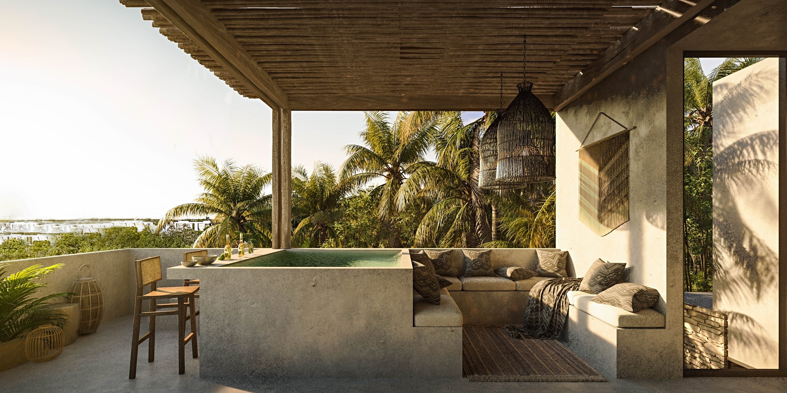 Outdoor terrace with a small pool, wooden furniture, decorative cushions, and palm trees in the background.