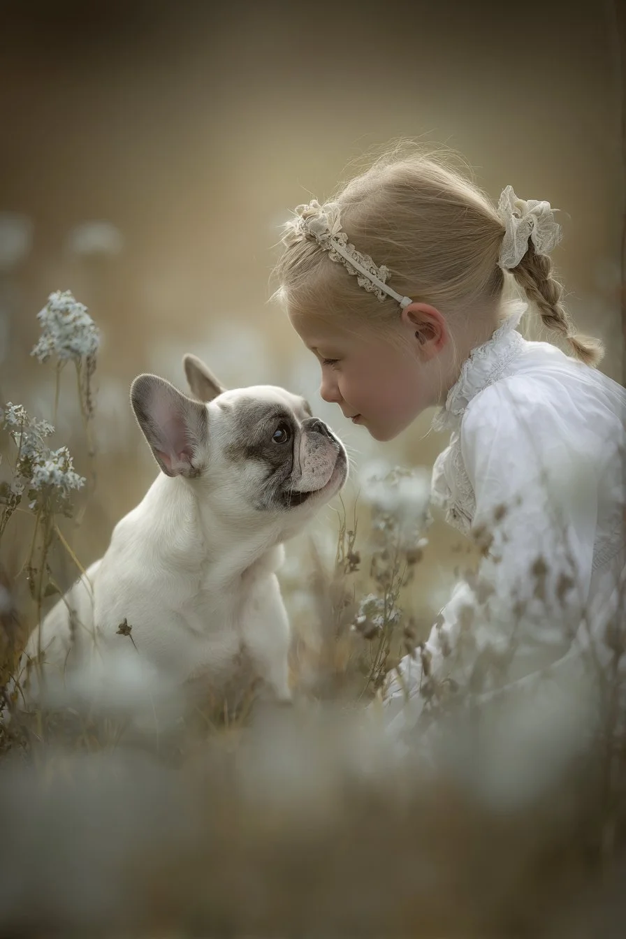 Young girl touching noses with a cream French Bulldog while sitting together in a field of flowers.