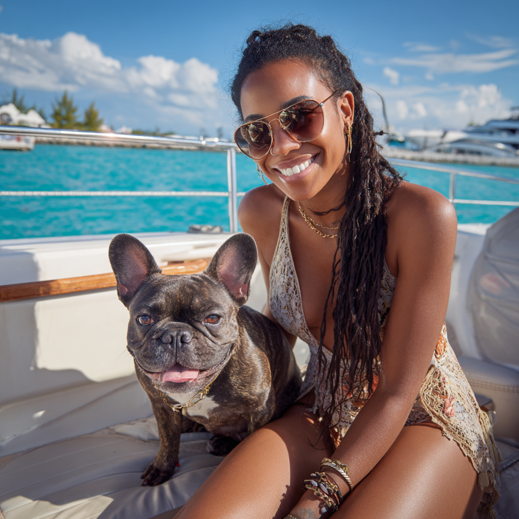 Woman smiling on a boat with her French Bulldog in clear blue Florida water.