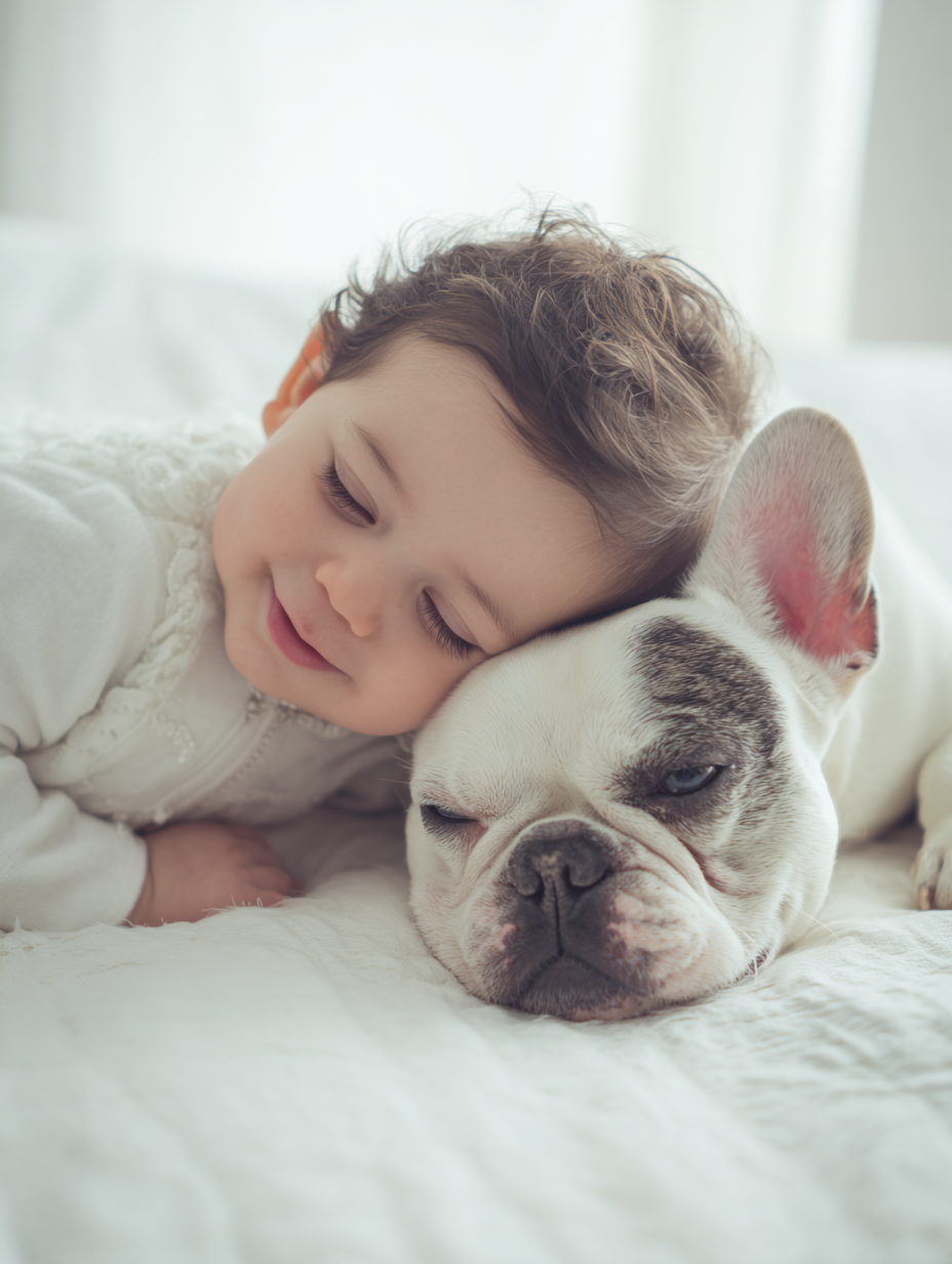 Family-raised French Bulldog puppy resting with a child in a calm home environment, showcasing the gentle temperament and in-home upbringing at Country Club Frenchies