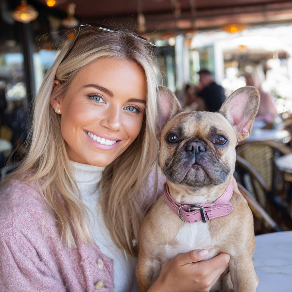 Well-socialized French Bulldog companion dog sitting calmly with owner, raised by Country Club Frenchies