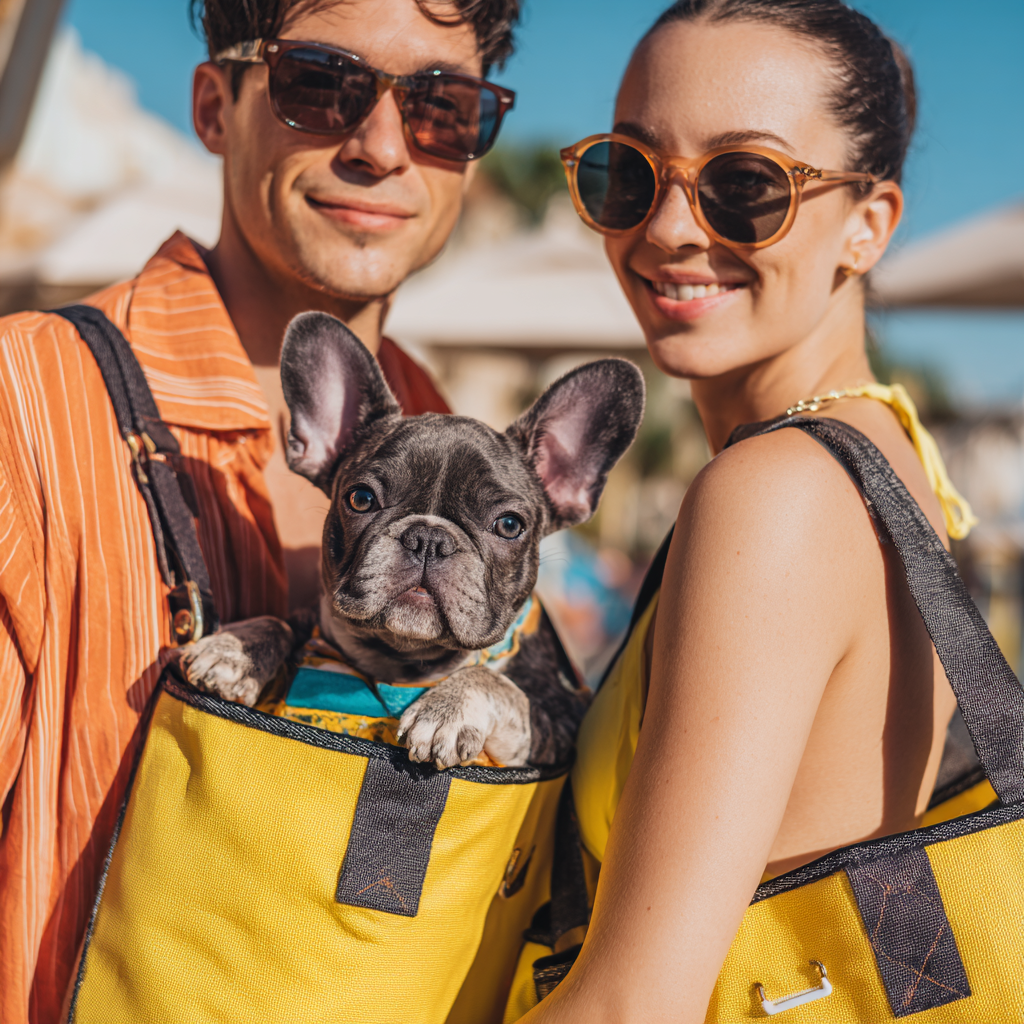 Couple carrying a French Bulldog puppy in a yellow tote bag during a sunny Florida day.