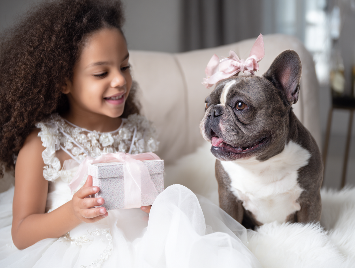 Little girl holding a gift box while sitting next to a blue French Bulldog wearing a pink bow, both posed on a white fluffy blanket in a bright, elegant room.