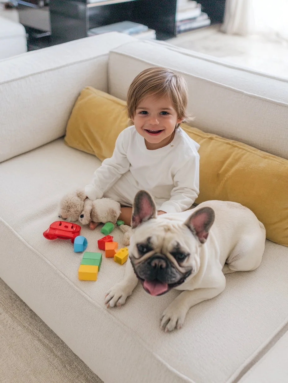 French Bulldog resting on a couch next to a young child in a home environment, showing a family-raised Frenchie from Country Club Frenchies