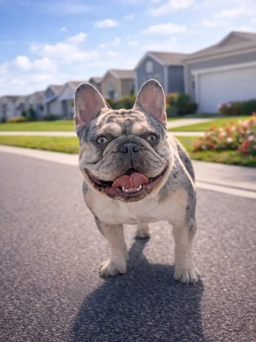 A French Bulldog standing on a suburban street facing the camera with houses and a blue sky in the background.