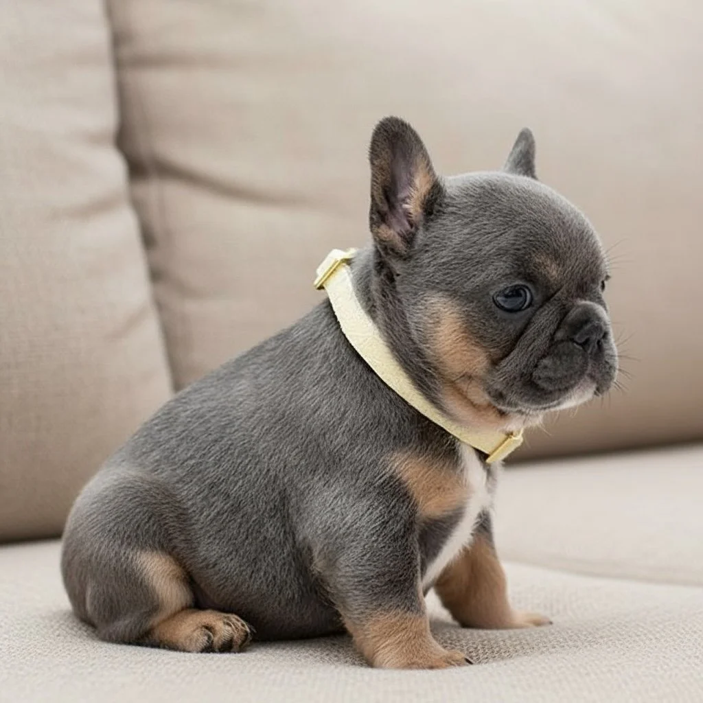 A cute gray and tan French Bulldog puppy sitting on a beige couch wearing a light-colored collar.