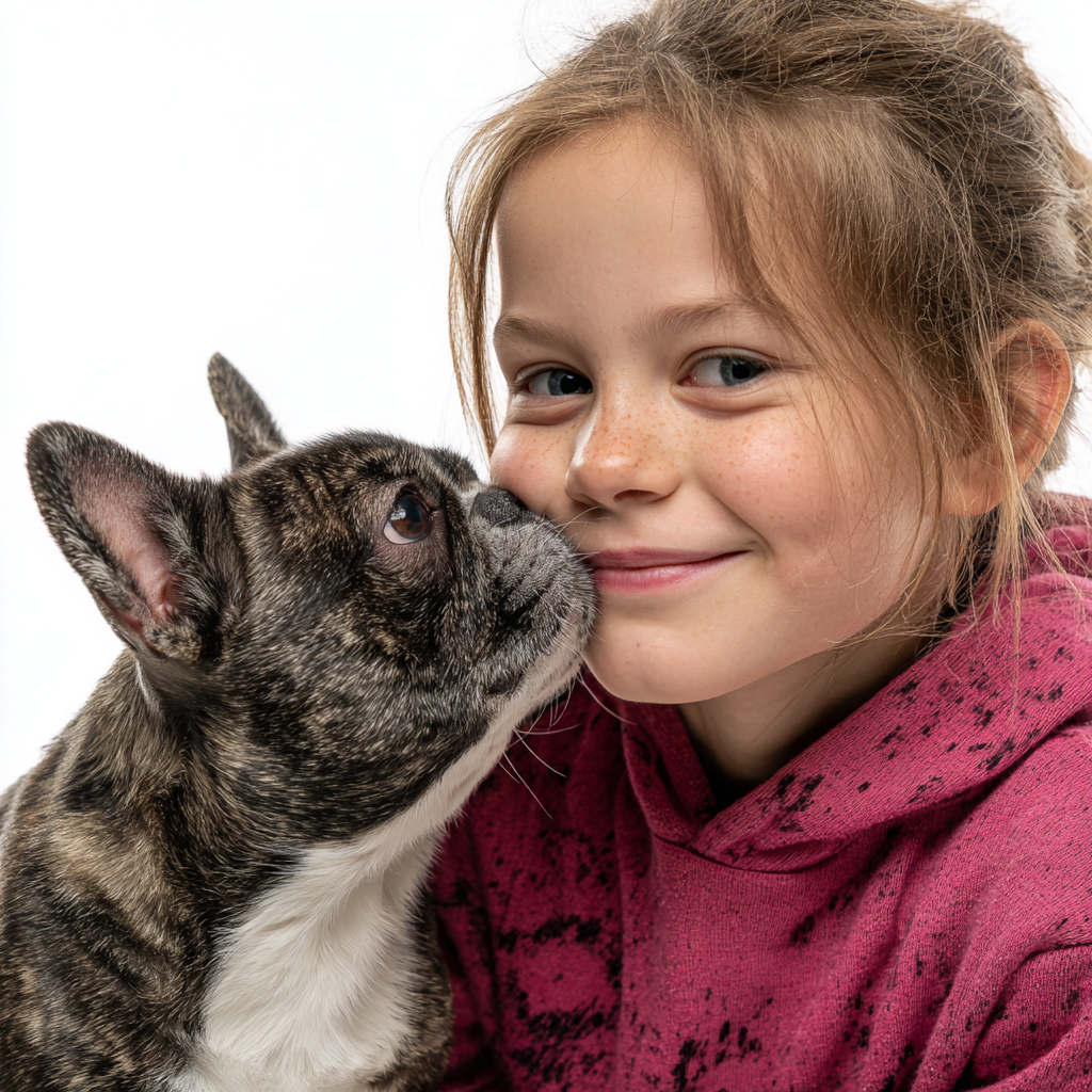 French Bulldog gently touching noses with a child, showing the family-raised temperament of puppies from Country Club Frenchies