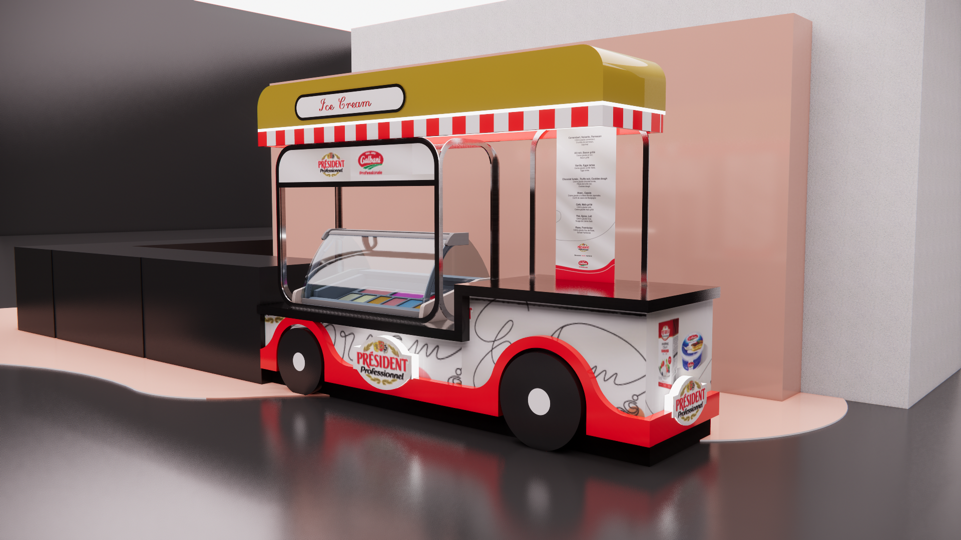 Rendering of the confirmed cart design, consolidating all marketing highlights: menu, tags and cups.