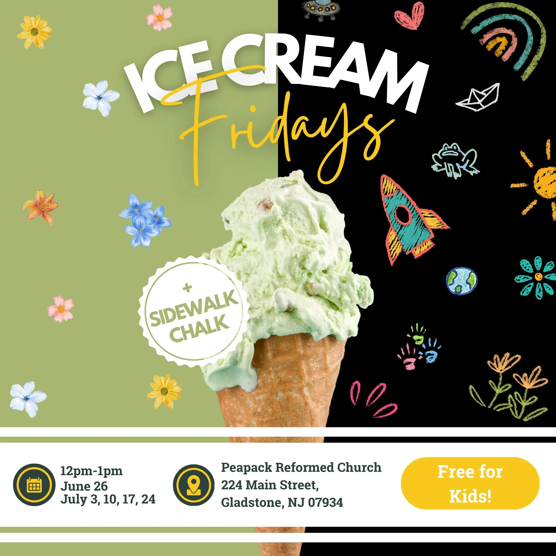 Fridays at the church = ice cream, music, and sidewalk chalk joy! 🎶 🍦 We can&rsquo;t wait to welcome local summer campers for an afternoon of creativity, kindness, and community. ❤️ come fill the driveway with color, joy, and positive messages that