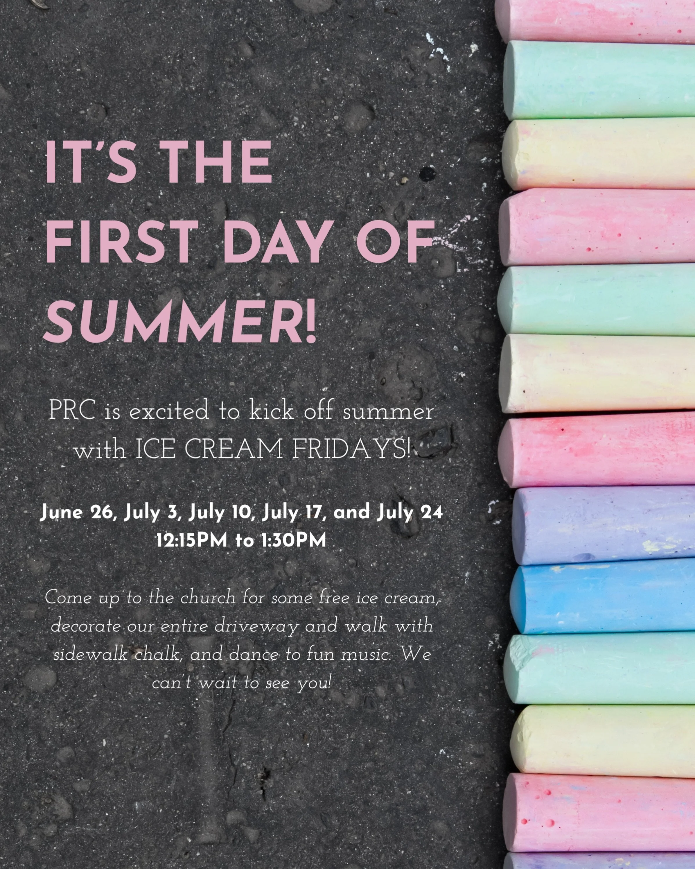 Hello summer ☀️ a new season, a fresh reminder of all that is good!

Come join us up at Peapack Reformed Church for Ice Cream Fridays!!! There will be sidewalk chalk, and we want you to go crazy decorating our paths and driveway with positive message