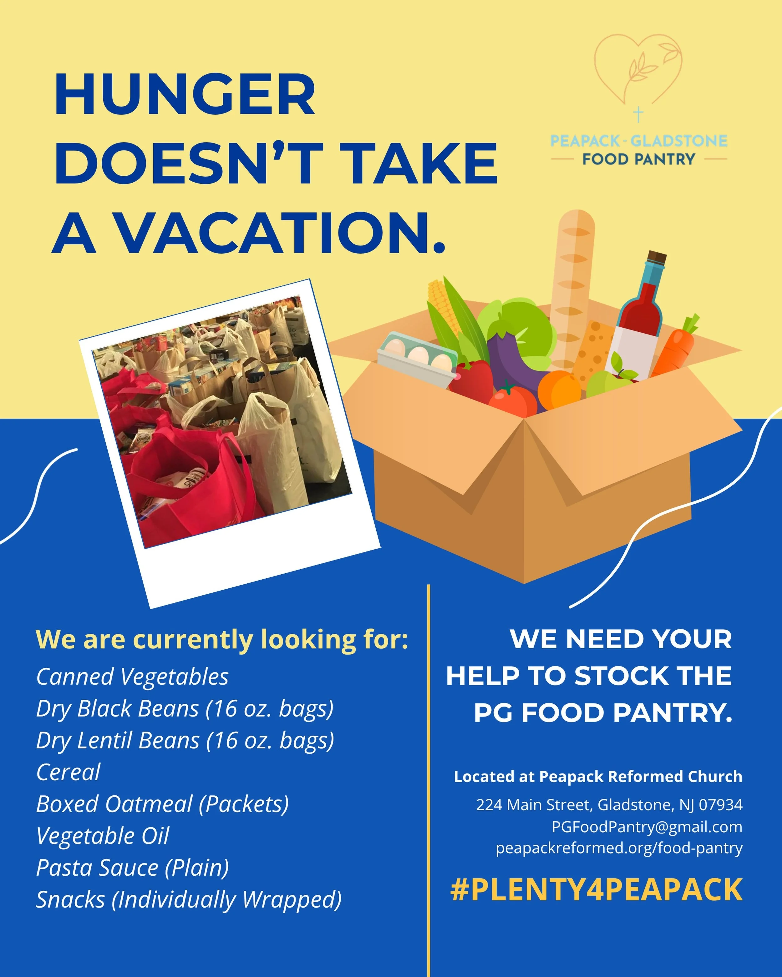 We need your help! Summer can mean vacations and heat and free time, but it can also mean hunger. We won&rsquo;t quit until hunger does, and until then, we&rsquo;re looking for these goods! #foodpantry #endhunger #plenty4peapack #somersethills #foodd