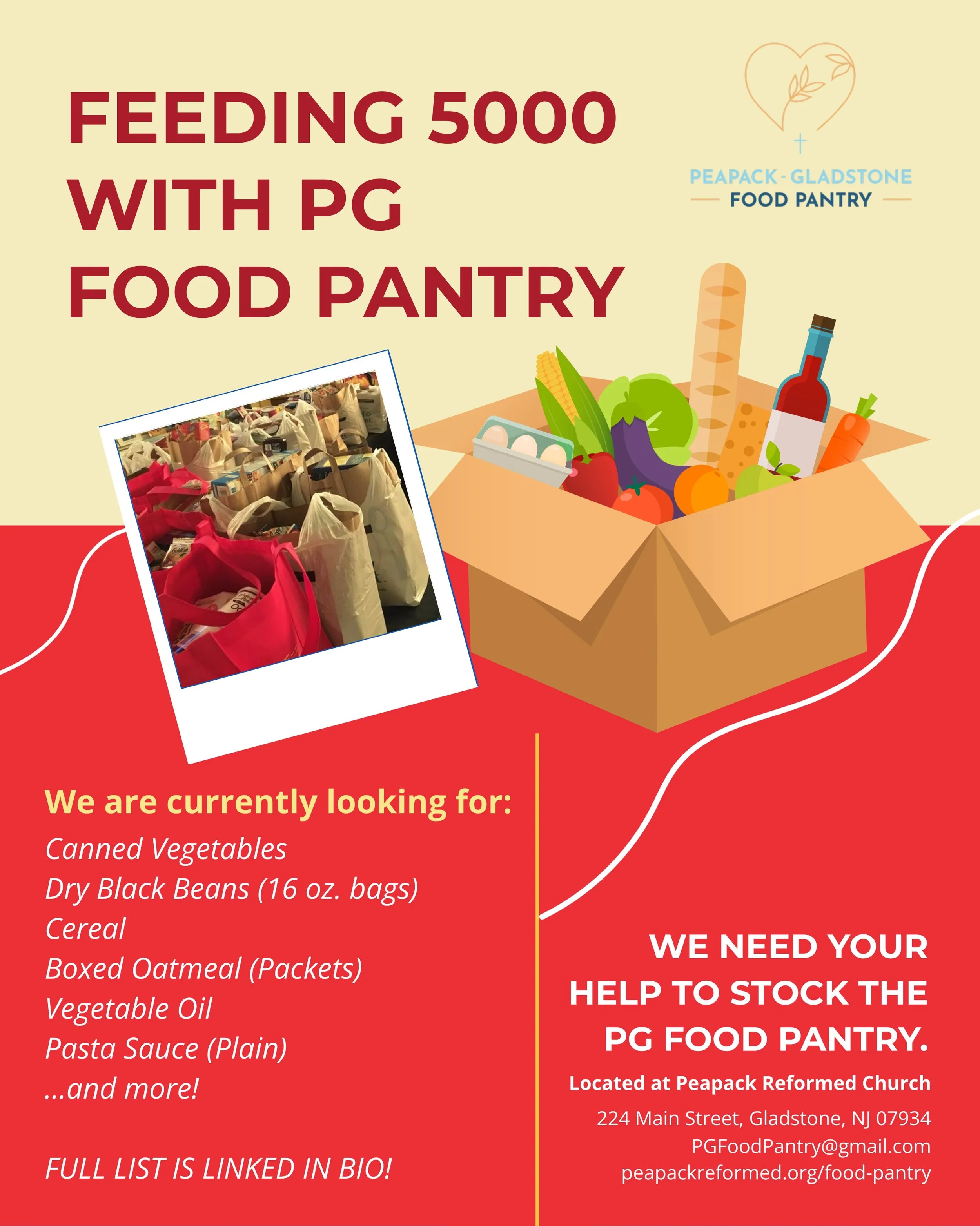 Help us fill the shelves! The Peapack Gladstone Food Pantry @peapackgladstonefoodpantry has updated their list of goods needed for members of our community. For the full list of products, check out our website at peapackreformed.org/food-pantry or fo