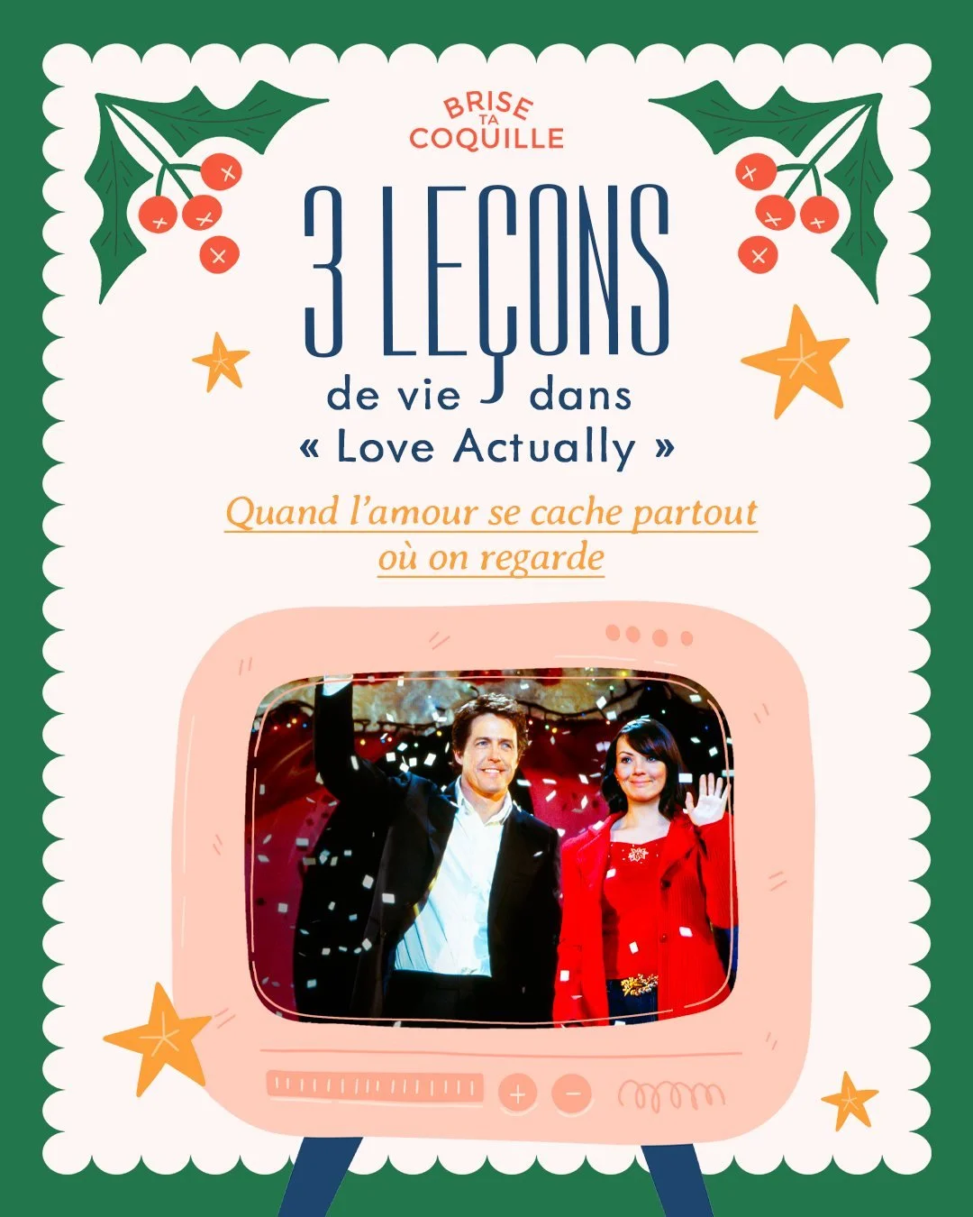On te pr&eacute;sente (mais on a s&ucirc;rement pas besoin) le 3e film de No&euml;l de notre liste 📺🎄: le classique LOVE ACTUALLY et son sujet : "l'amoooour".
Aaaah l'amour💕. Une qu&ecirc;te qu'on a toutes envie de poursuivre : le cherch